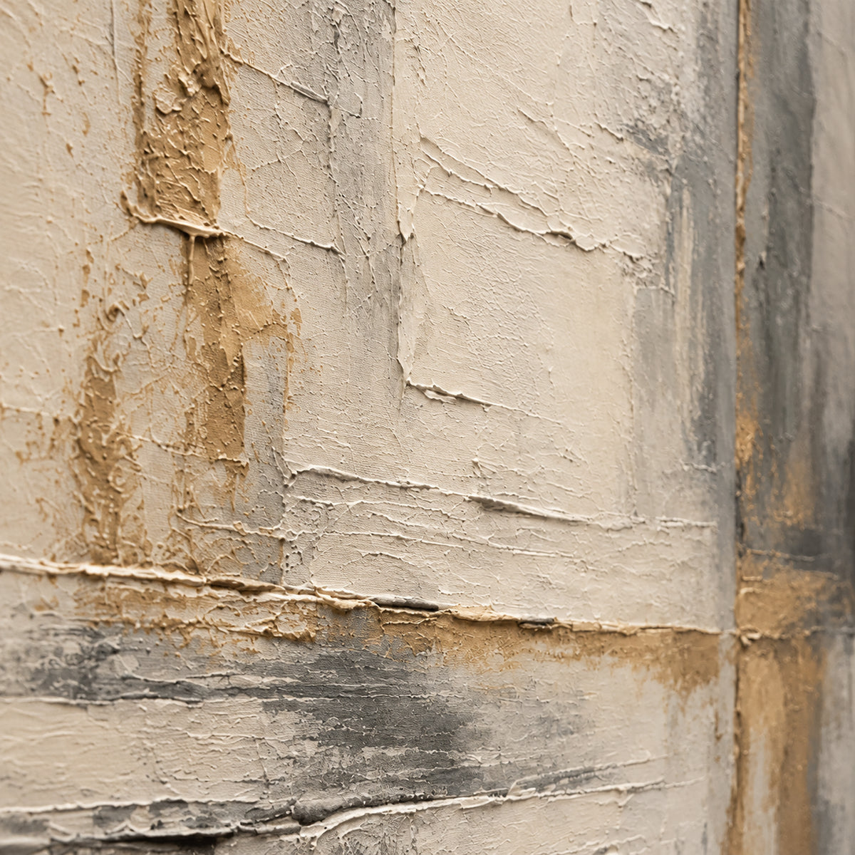 Parchment-Grid oil painting brushwork and impasto detail photographed from an oblique side angle
