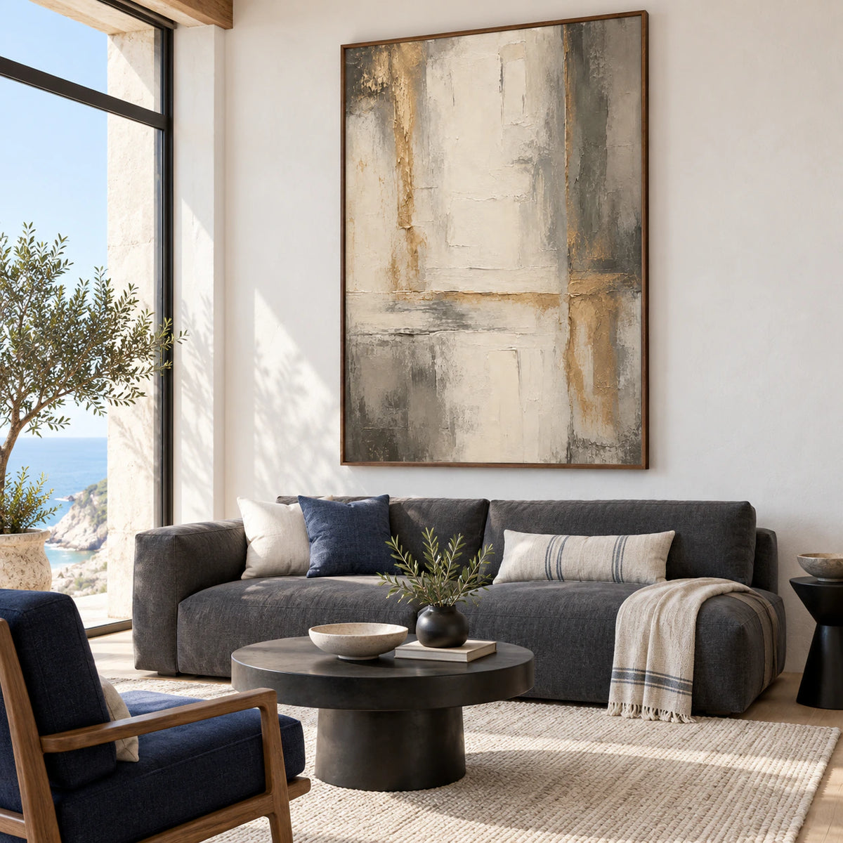Textured vertical abstract painting above a sofa in a bright contemporary living room.