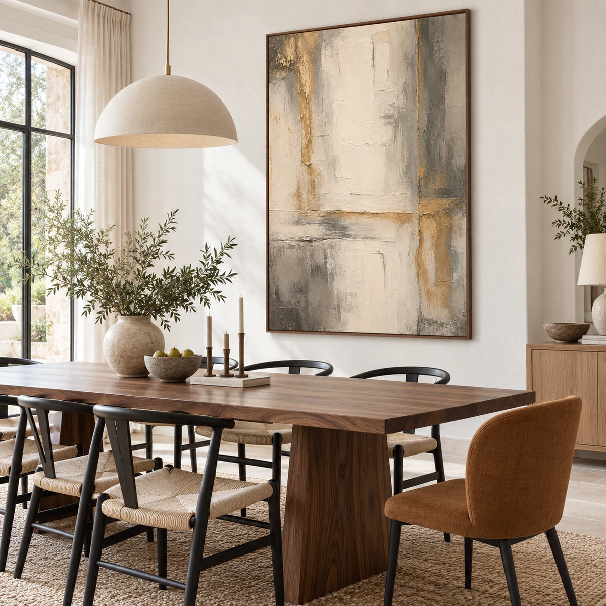 Textured ivory and gray abstract painting in a refined daylight-filled dining room.