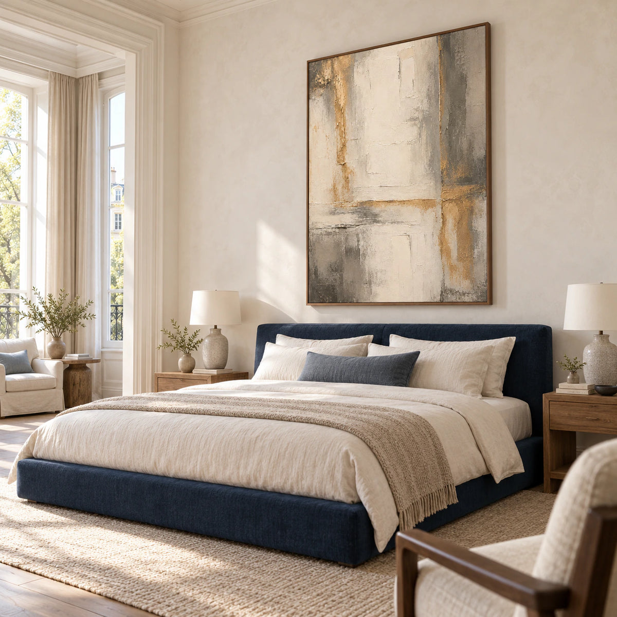 Vertical architectural abstract painting as the focal point of a quiet bright bedroom.
