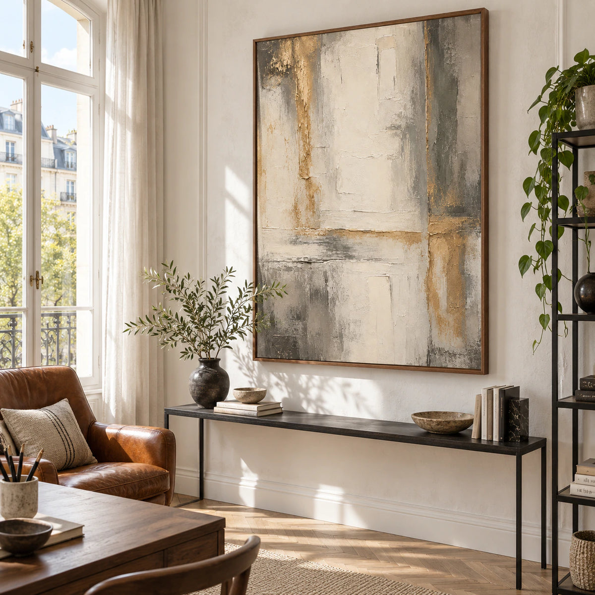 Large textured abstract painting in an airy daylight home office reading space.
