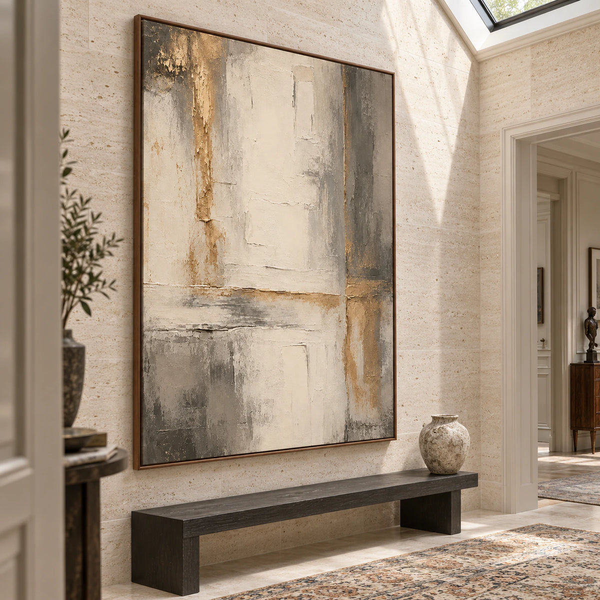 Gallery-scale vertical abstract painting in a bright sculptural foyer.