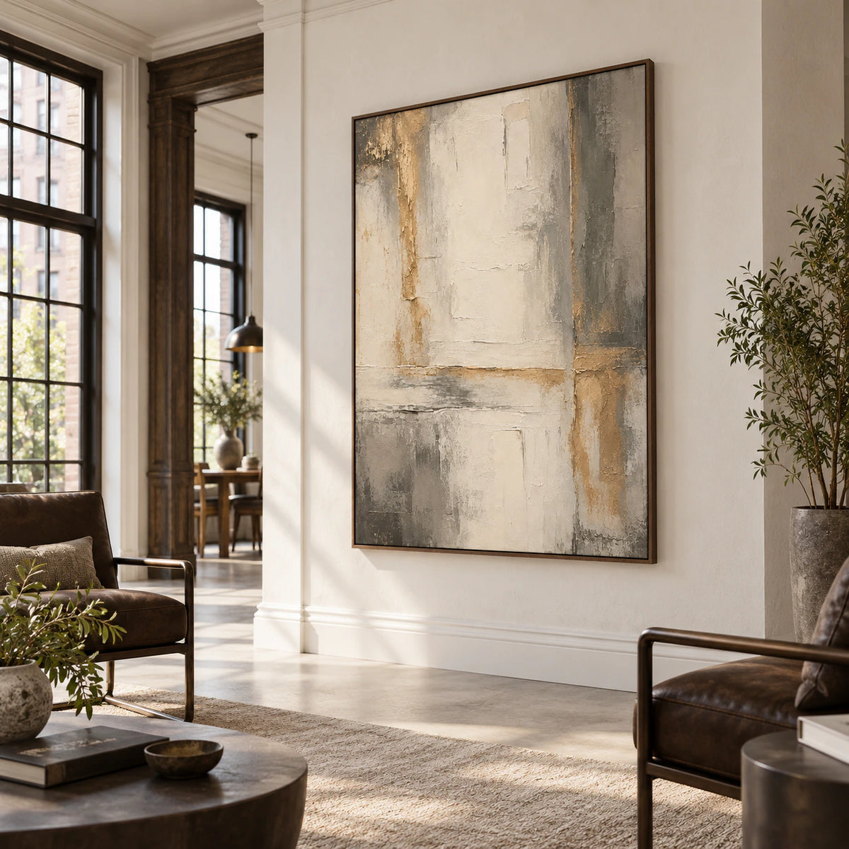 Oversized textured abstract painting in an expansive naturally lit hospitality loft.