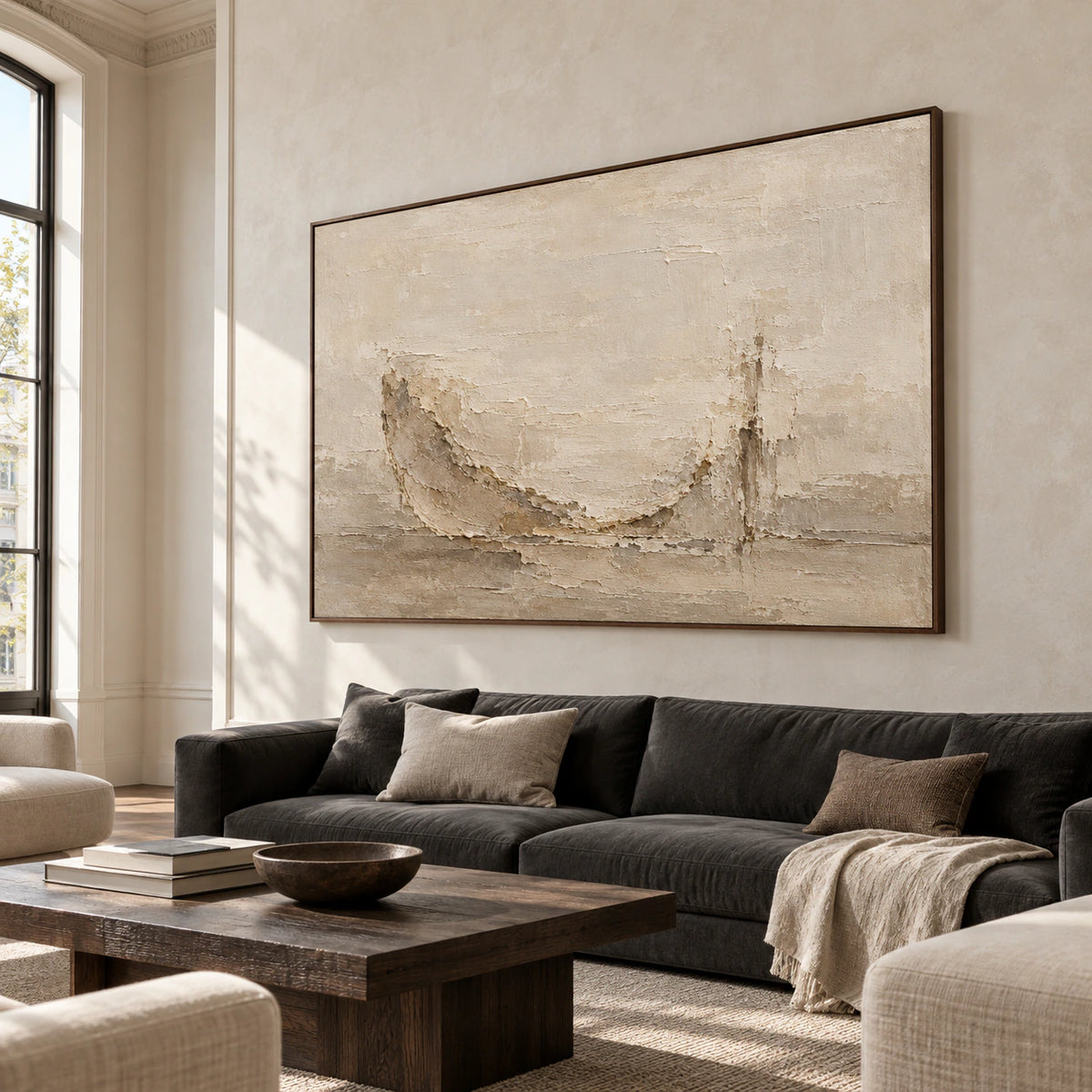 Bright living room with the large parchment-toned abstract painting displayed prominently above a restrained sofa.