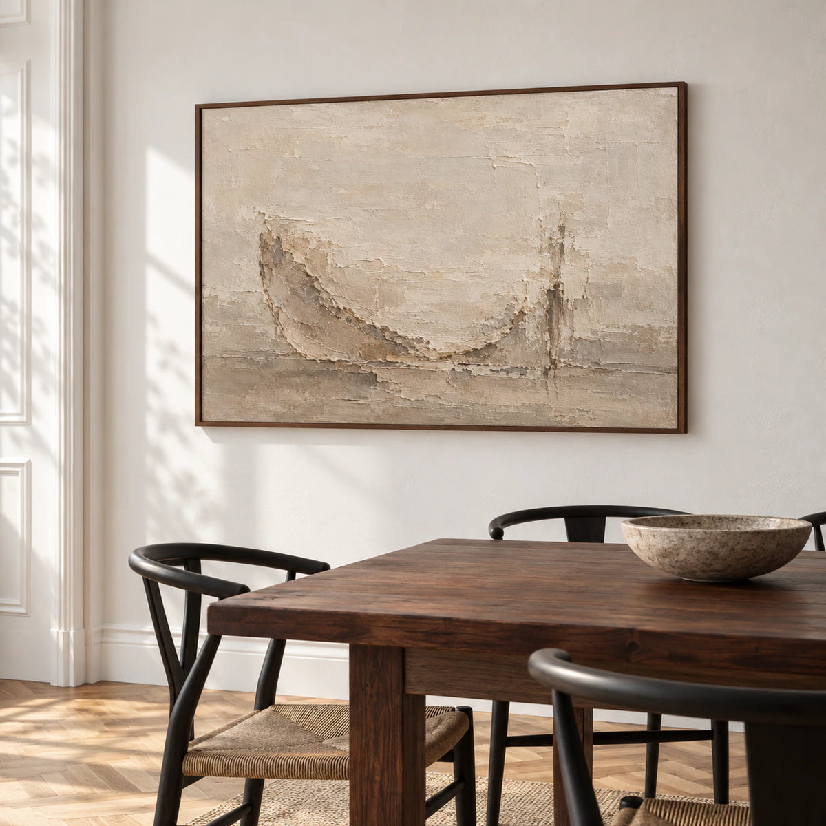 Refined dining room with the horizontal textured abstract artwork as the focal point on a light wall beside a long dining table.