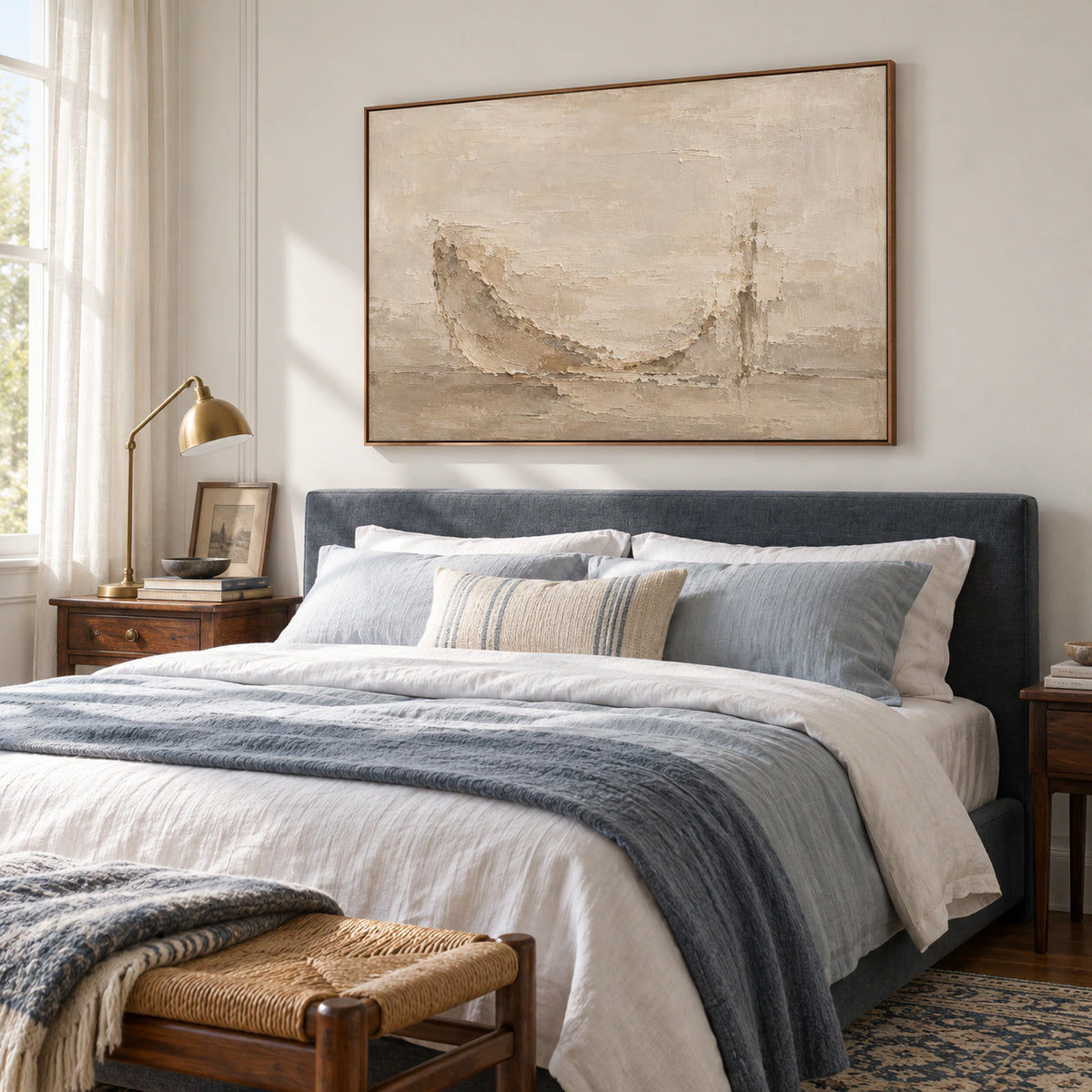 Quiet bedroom with the parchment and sand-toned artwork prominently displayed above a simple bed in soft daylight.