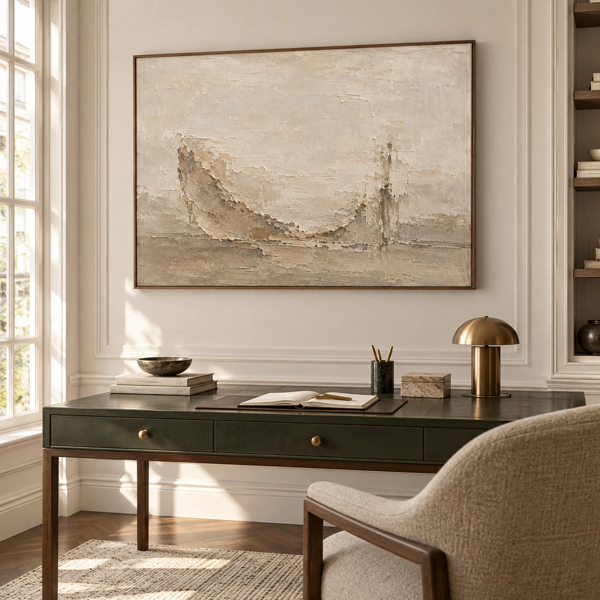 Airy home office with the large textured abstract painting above a desk, lit by clear natural daylight.