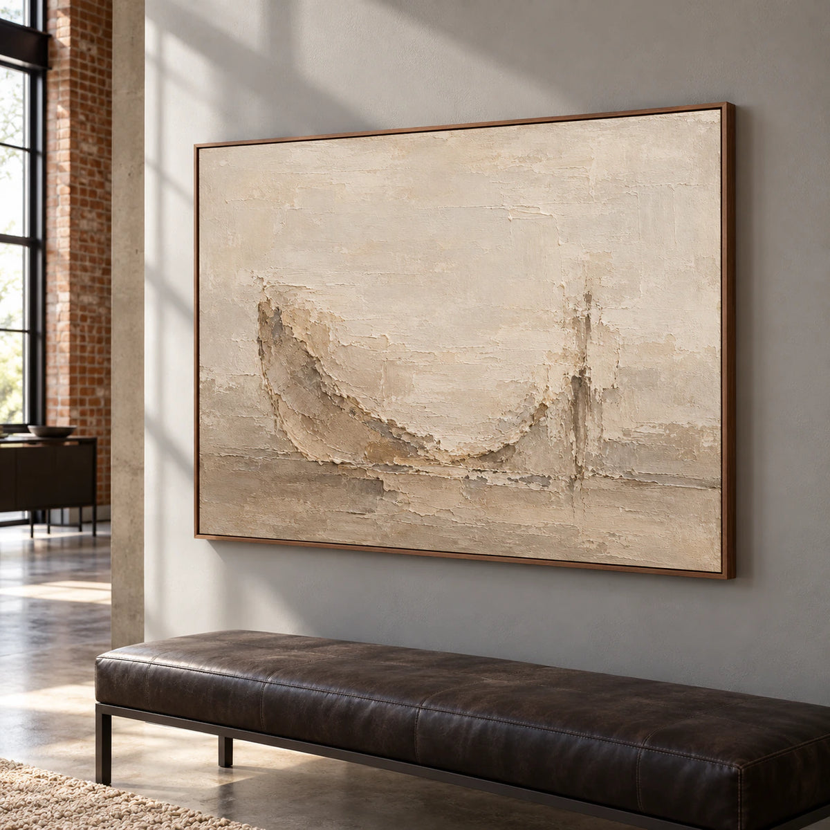 Gallery-scale foyer with the horizontal abstract artwork commanding a broad wall beside an open passage.