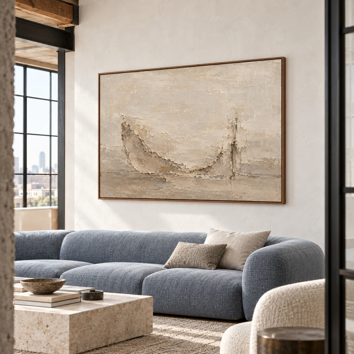 Expansive loft interior with the large parchment-toned painting prominent against a tall wall and generous daylight.