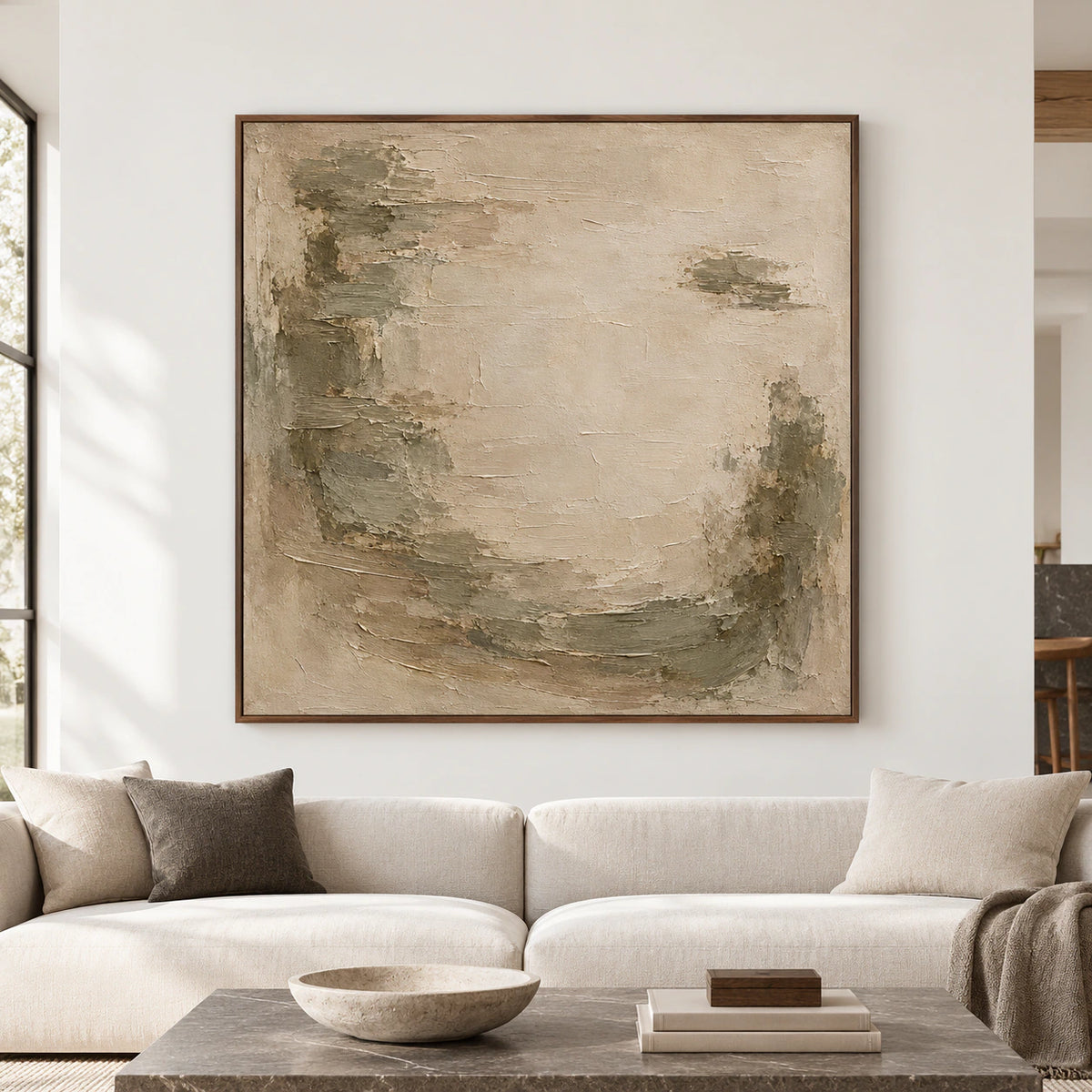 Straight-on view of a large square parchment and olive-gray abstract painting in a spacious, bright room with restrained architecture and furniture.