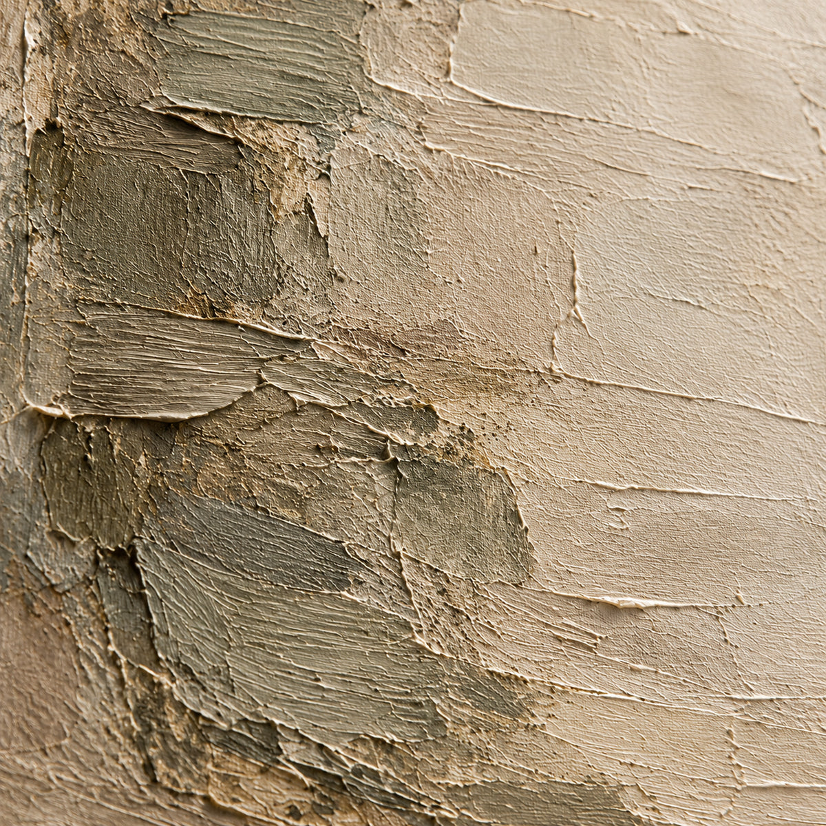 Oblique close-up of the oil painting's parchment and olive-gray surface, with grazing light revealing raised strokes, scraped ridges, and shallow shadows.