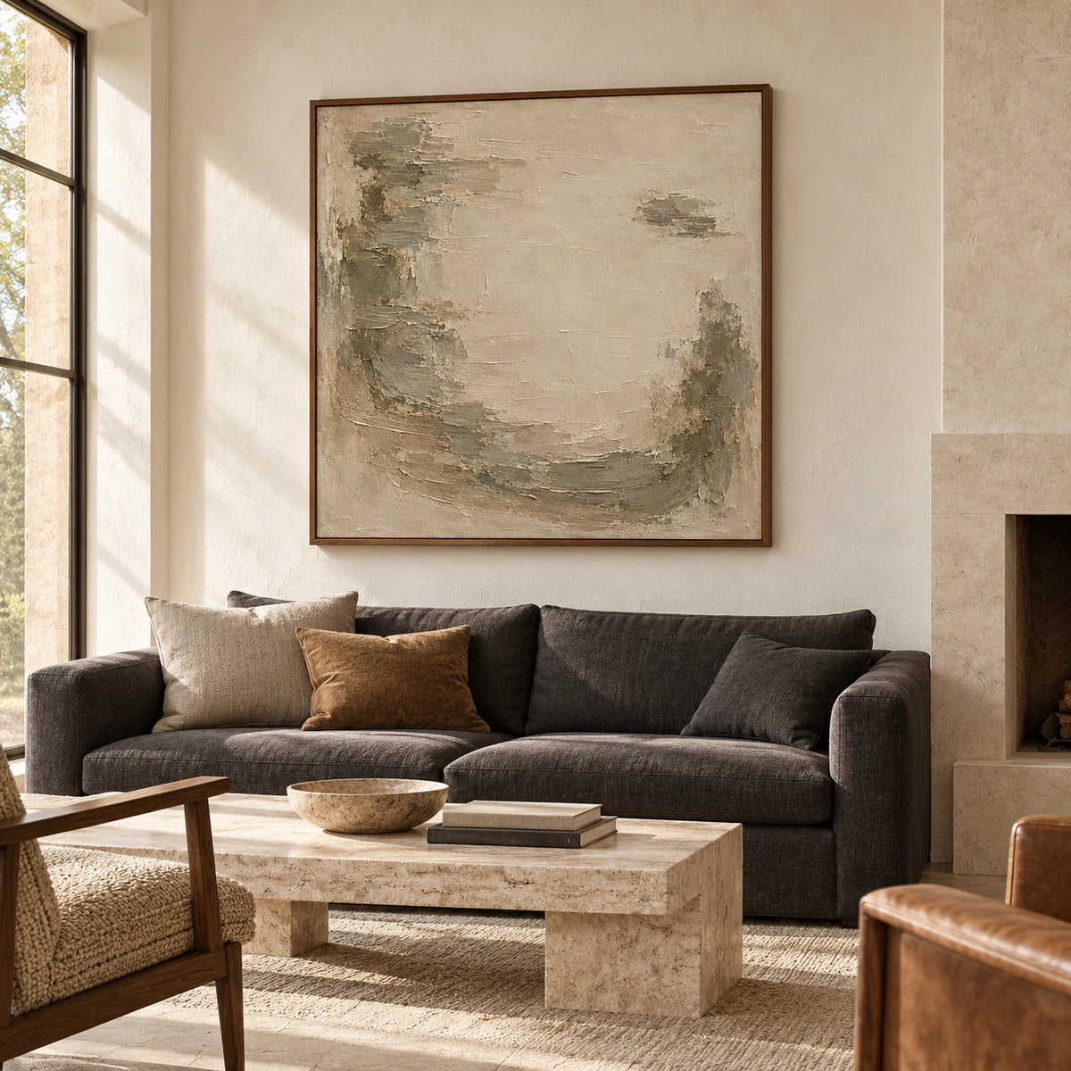 Square parchment and olive-gray textured painting above a charcoal sofa in a bright living room with pale limestone walls and window daylight.