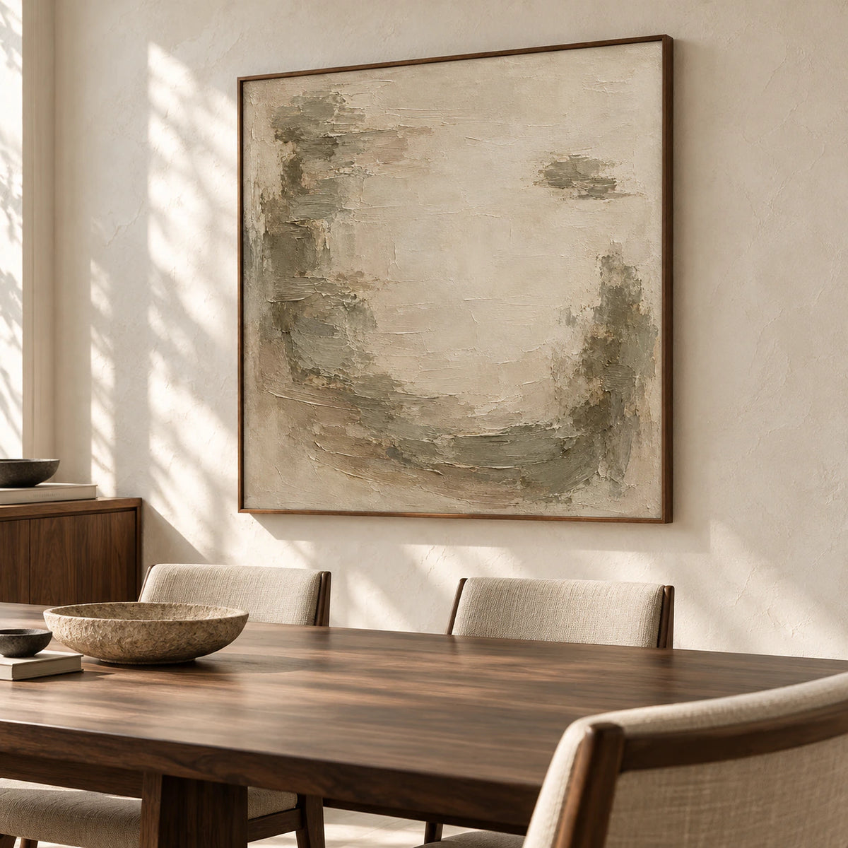 Square textured abstract painting above a dark walnut dining table with simple chairs and light plaster walls, viewed slightly from the left.