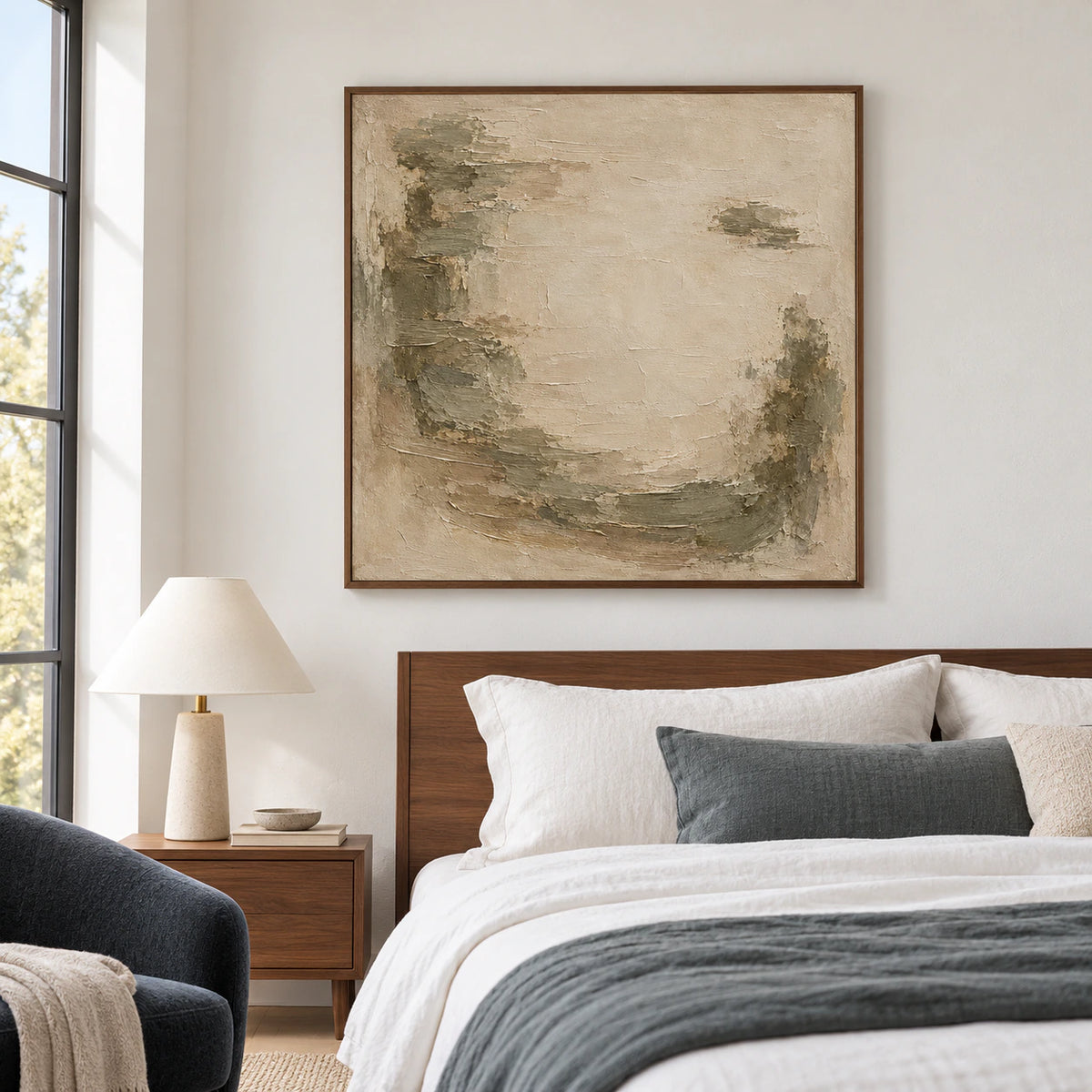 Square parchment and olive-gray painting above a walnut bed with white linens and a muted slate accent, viewed from an elevated angle on the right.