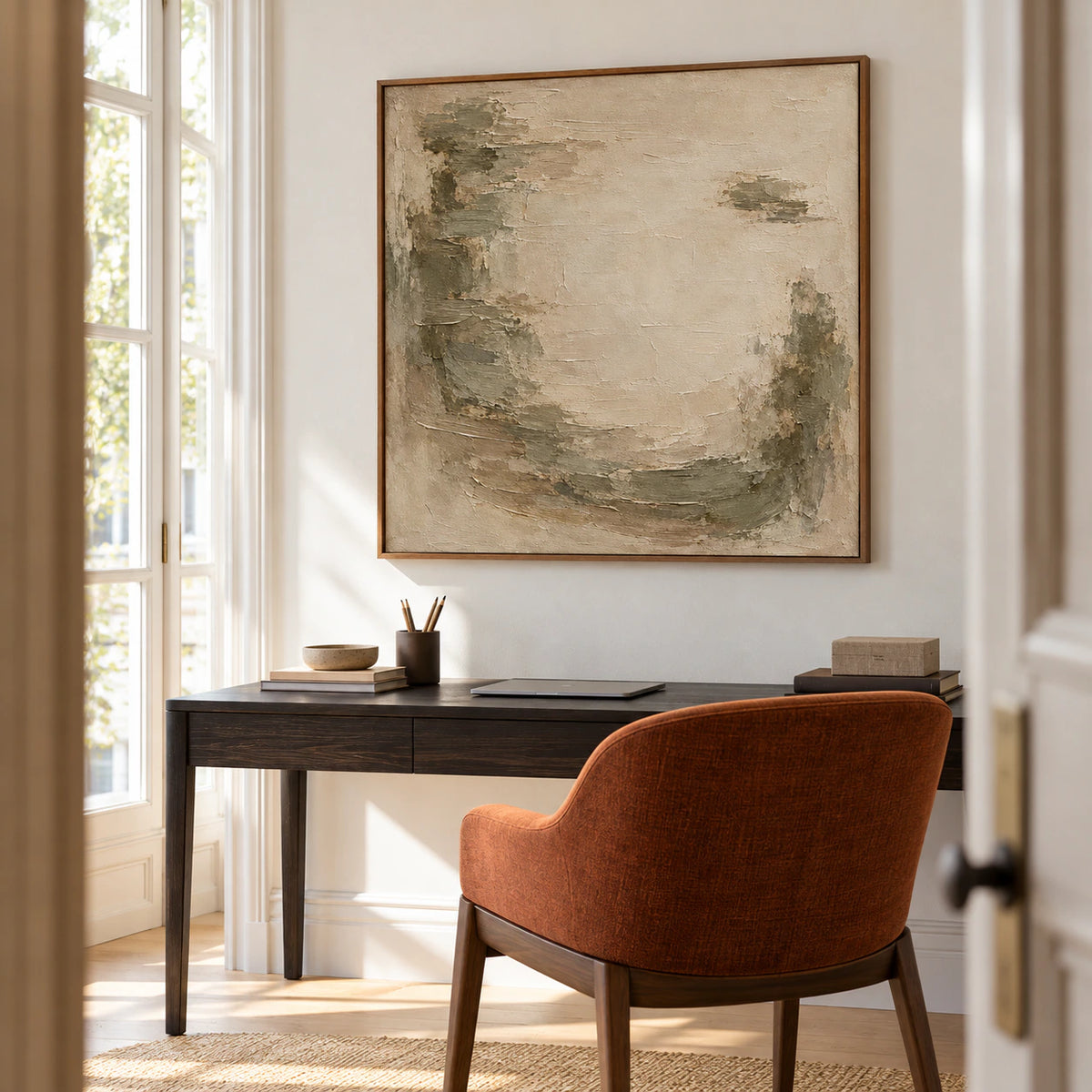 Square textured painting above a slim blackened-wood desk beside an understated chair and tall windows, viewed from the right at seated eye level.