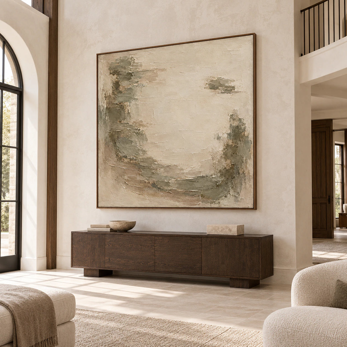 Large square textured abstract painting on a tall pale stone wall above a low dark wood console in an open foyer, viewed slightly from below and the left.