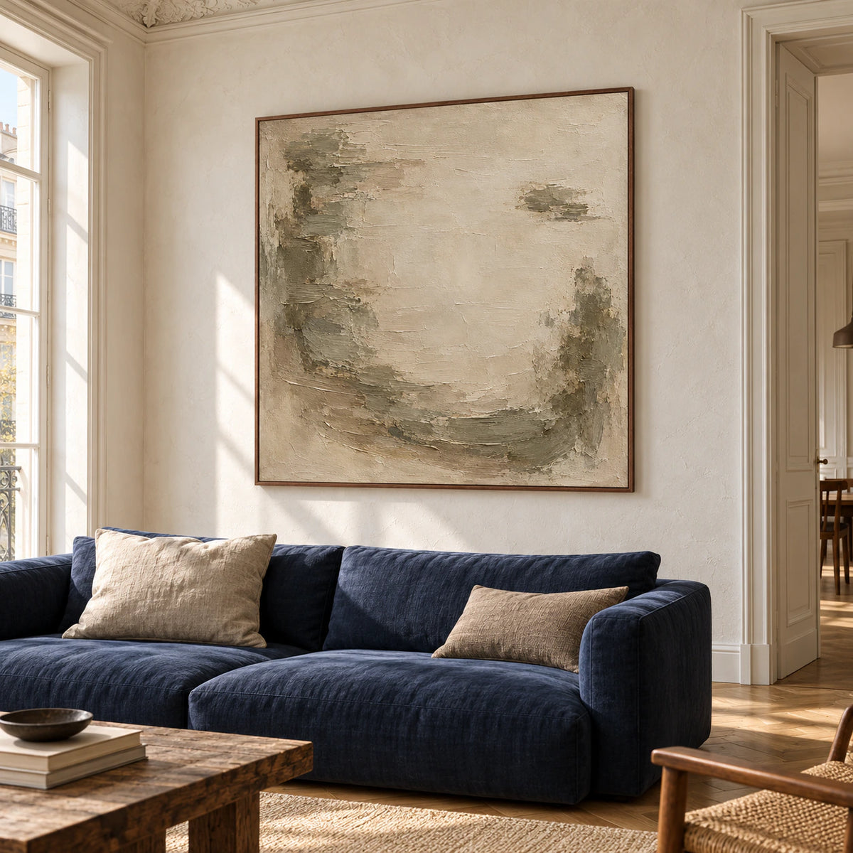 Large square parchment and olive-gray painting on a warm-white wall in a bright sitting room with high ceilings, deep navy and natural wood furnishings, viewed from the right.