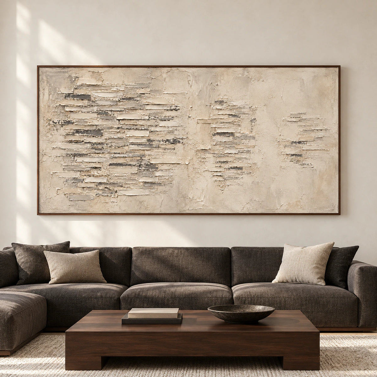 Large horizontal abstract painting with raised ivory and gray bands on a warm parchment ground, shown straight-on in a spacious bright interior.