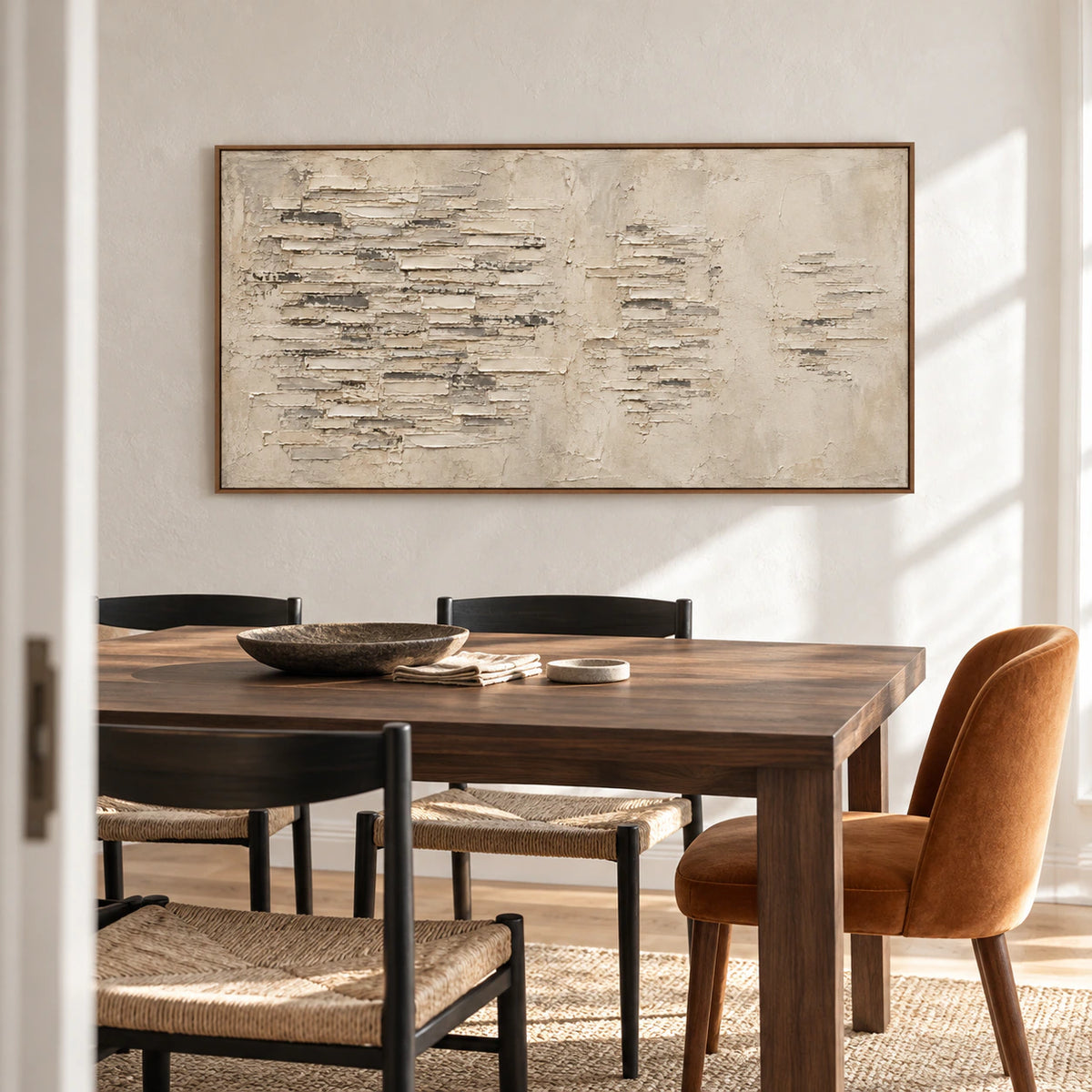 Textured ivory and gray abstract painting centered over a dark walnut dining table in a refined sunlit dining room.