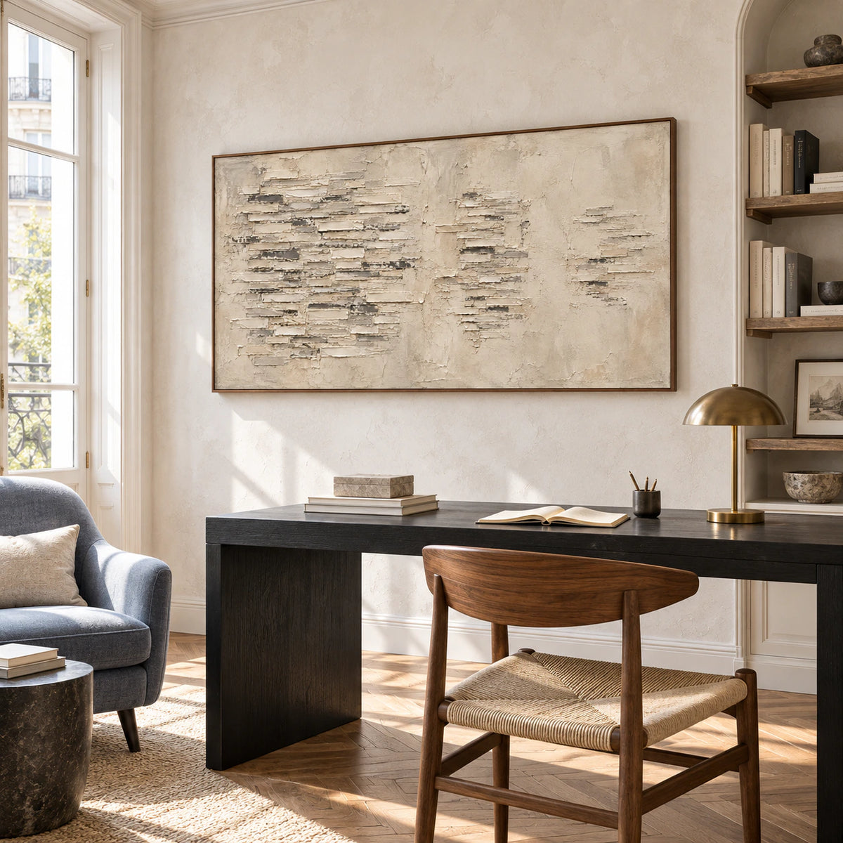 Horizontal textured abstract artwork above a black desk in an airy home office with clear daylight and open shelving.