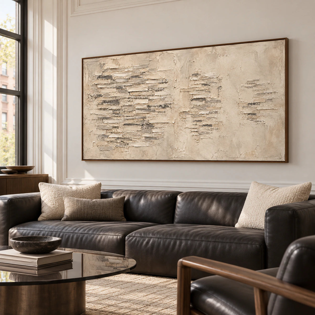 Oversized horizontal abstract painting on a pale wall in an expansive loft lounge with restrained charcoal seating and daylight.