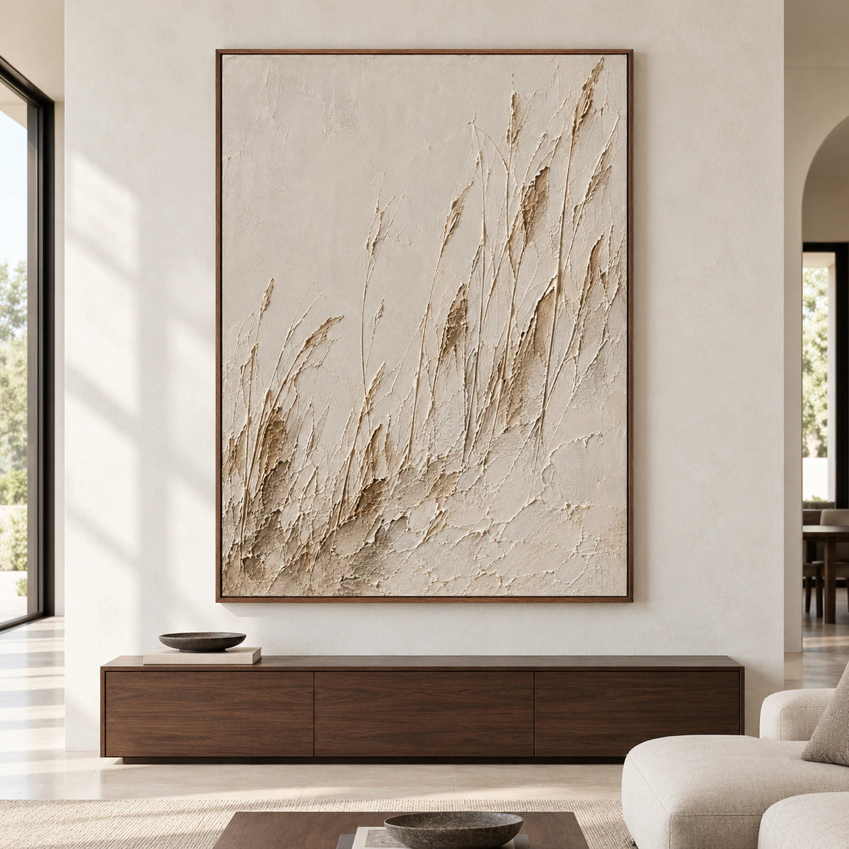 Large vertical Parchment-Rakes artwork displayed straight-on in a bright, spacious modern room.