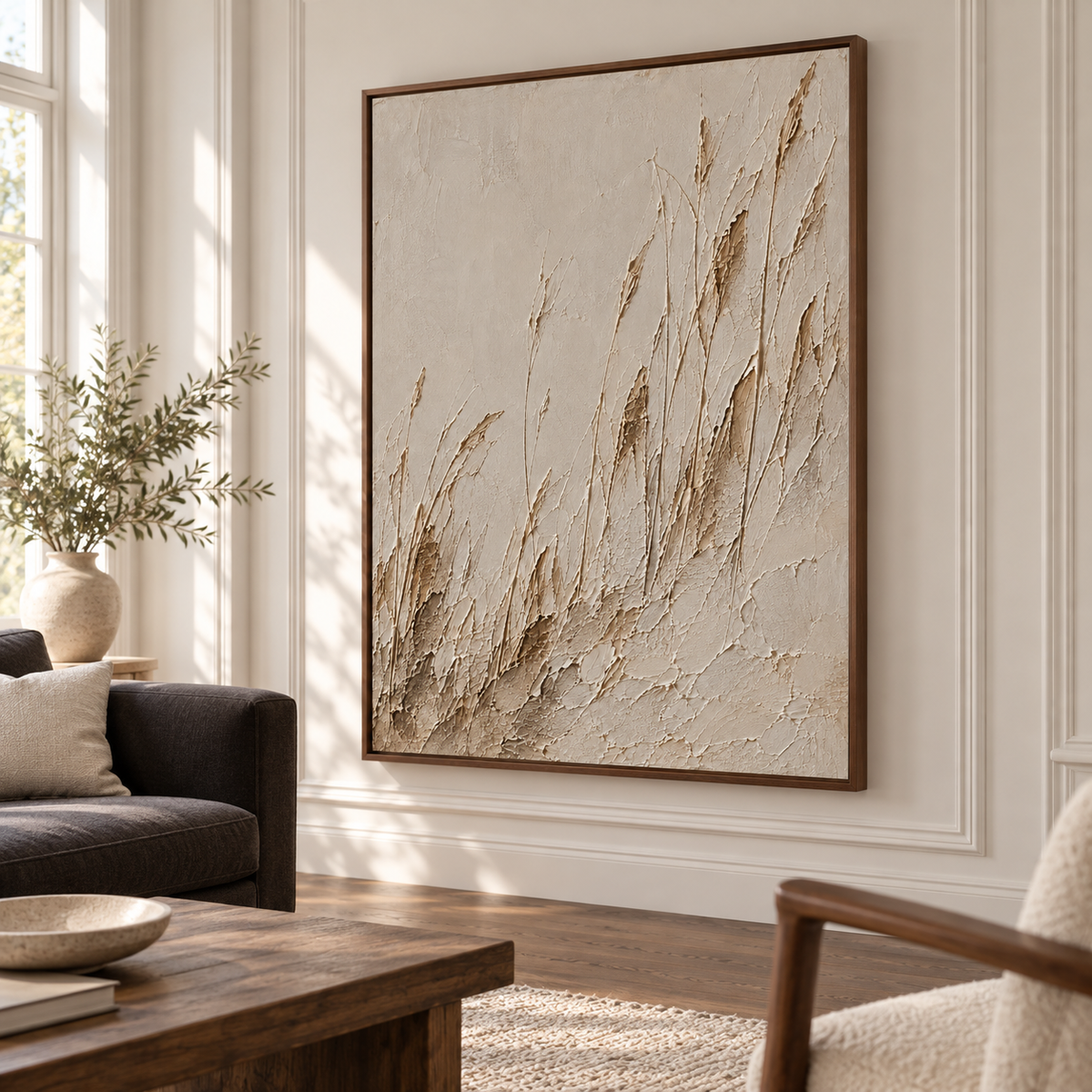 Parchment-Rakes above a restrained sofa in a bright living room.