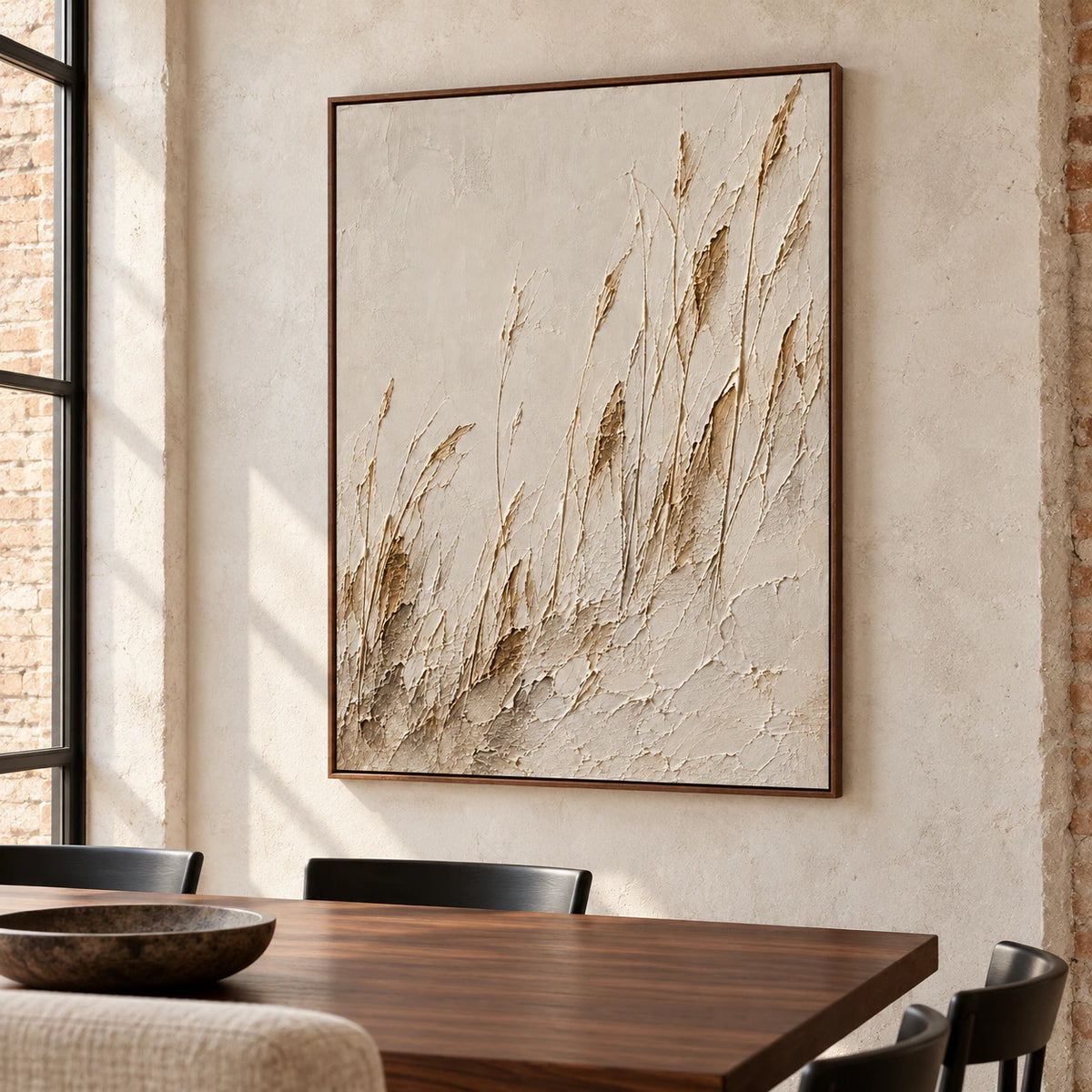Parchment-Rakes as the focal artwork in a refined dining room with a long table and natural daylight.