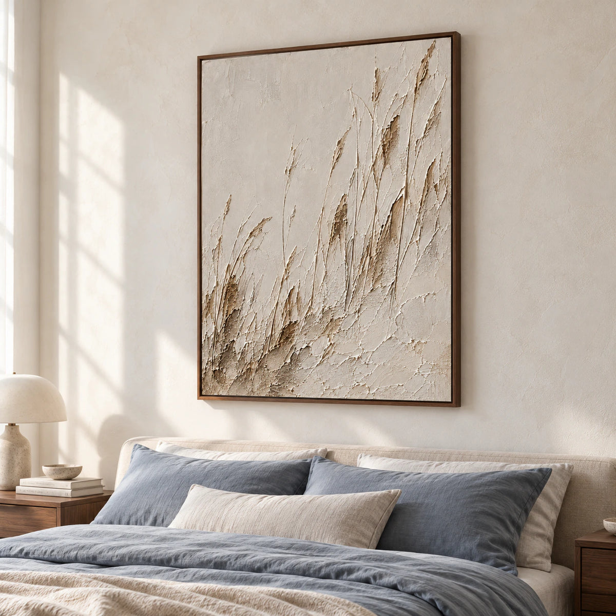Parchment-Rakes above a simple bed in a quiet, light-filled bedroom.