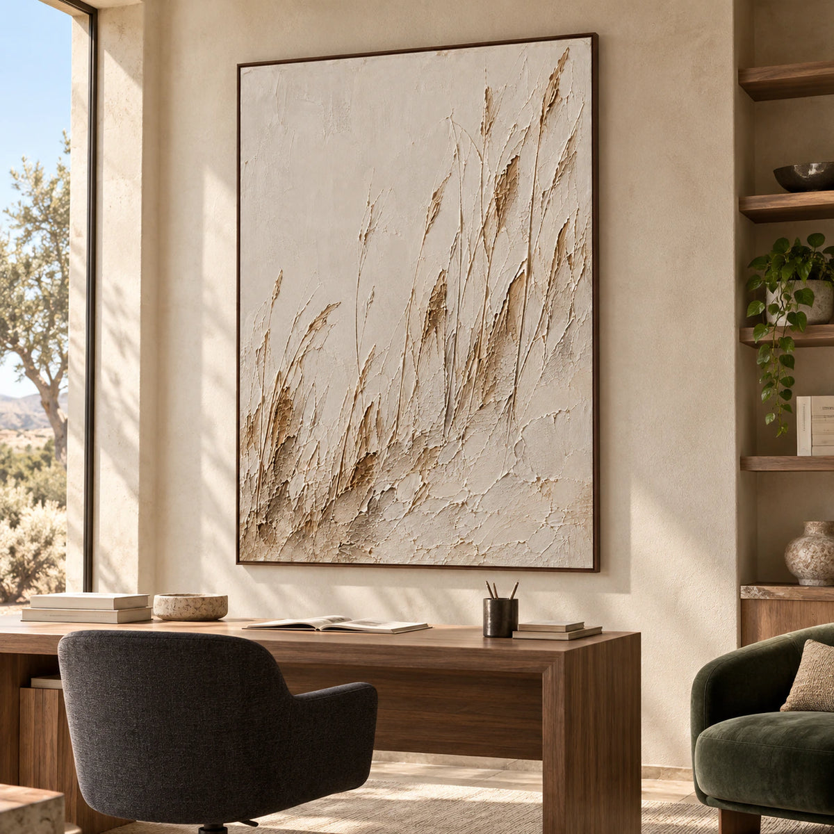 Parchment-Rakes above a desk in an airy home office with open shelving.