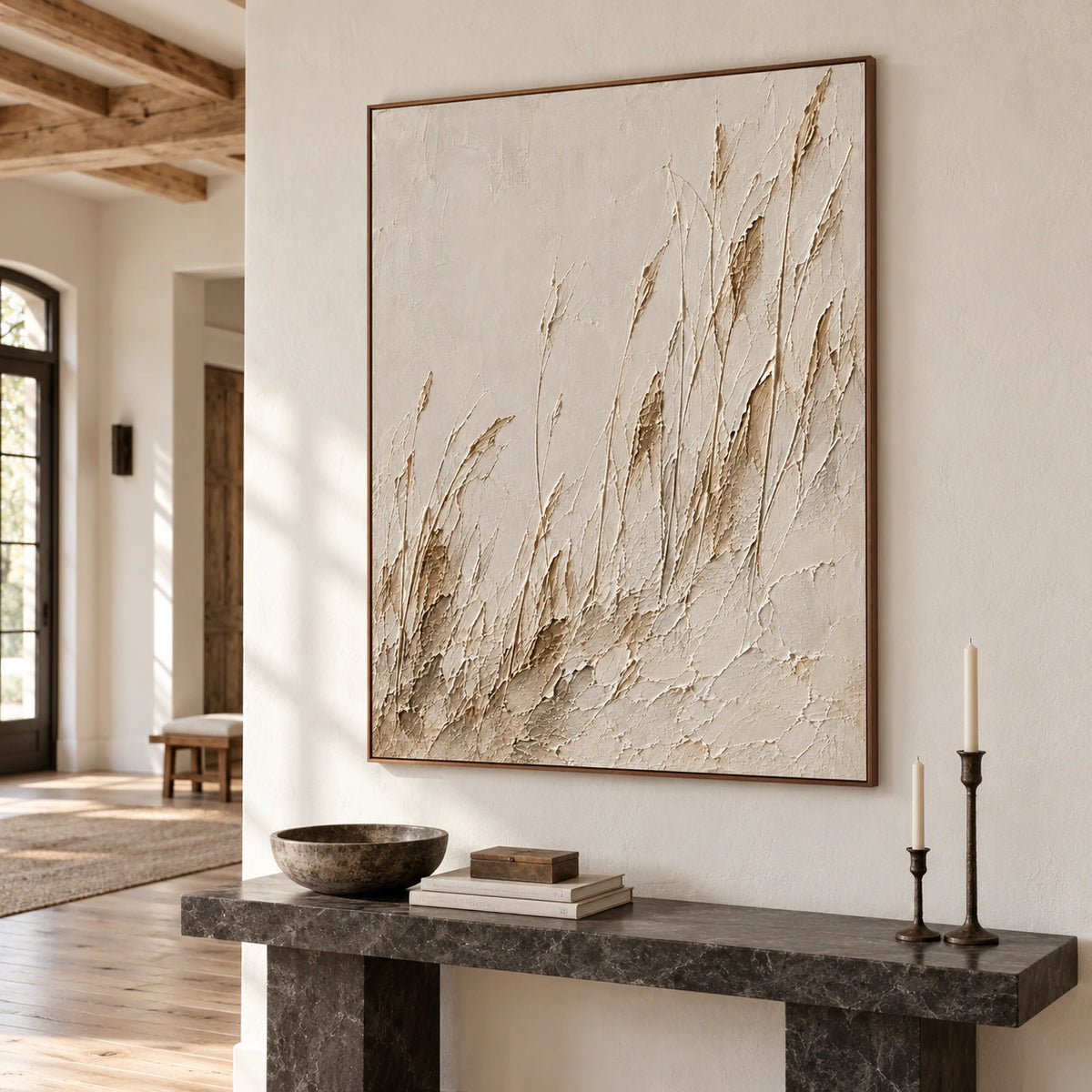 Parchment-Rakes displayed at gallery scale in a bright architectural foyer.