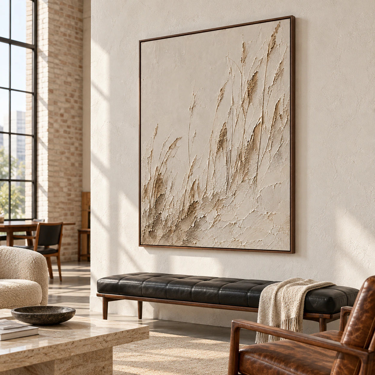 Parchment-Rakes anchoring an expansive loft interior with tall windows.