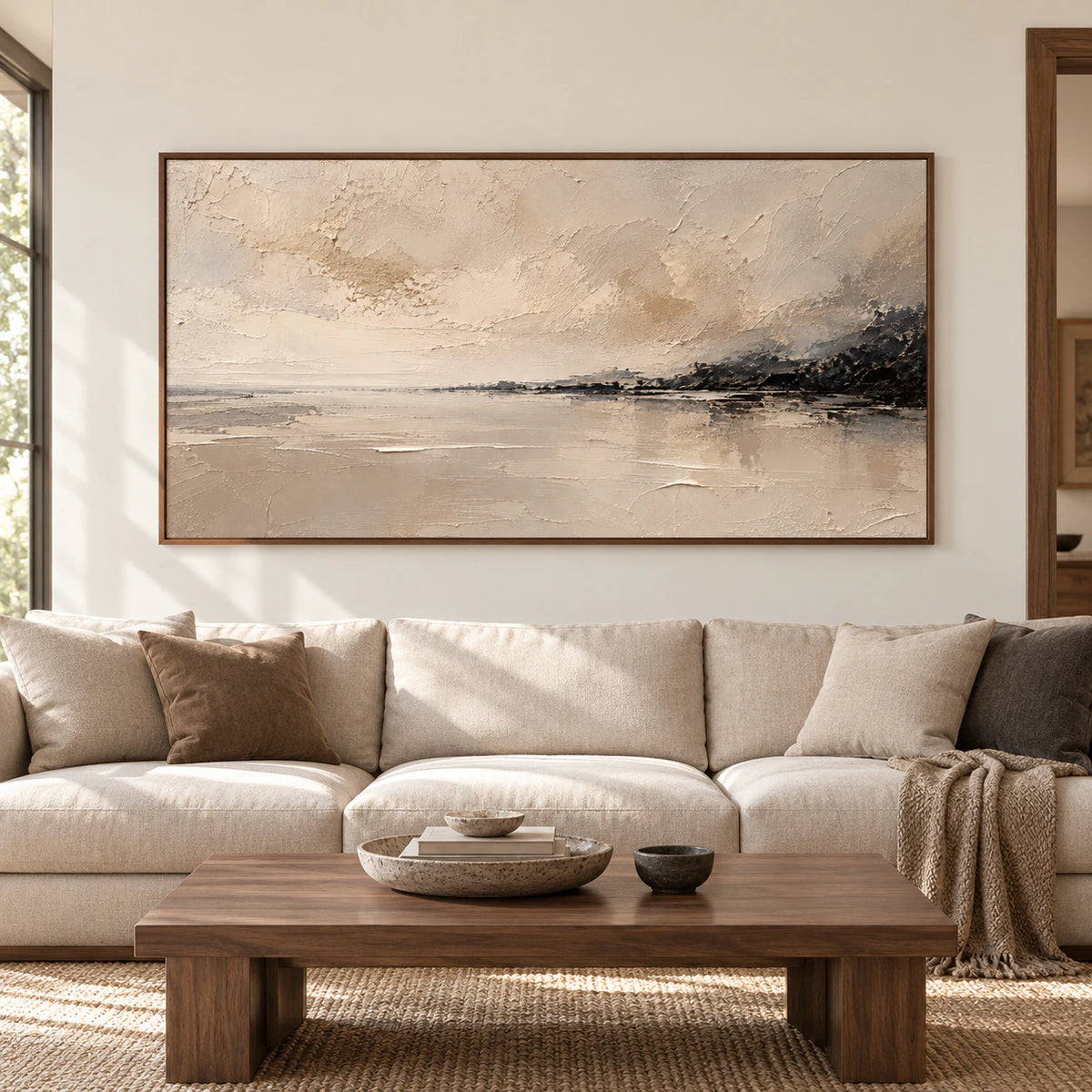 Large Parchment Reach abstract landscape displayed straight-on in a spacious, light-filled room.