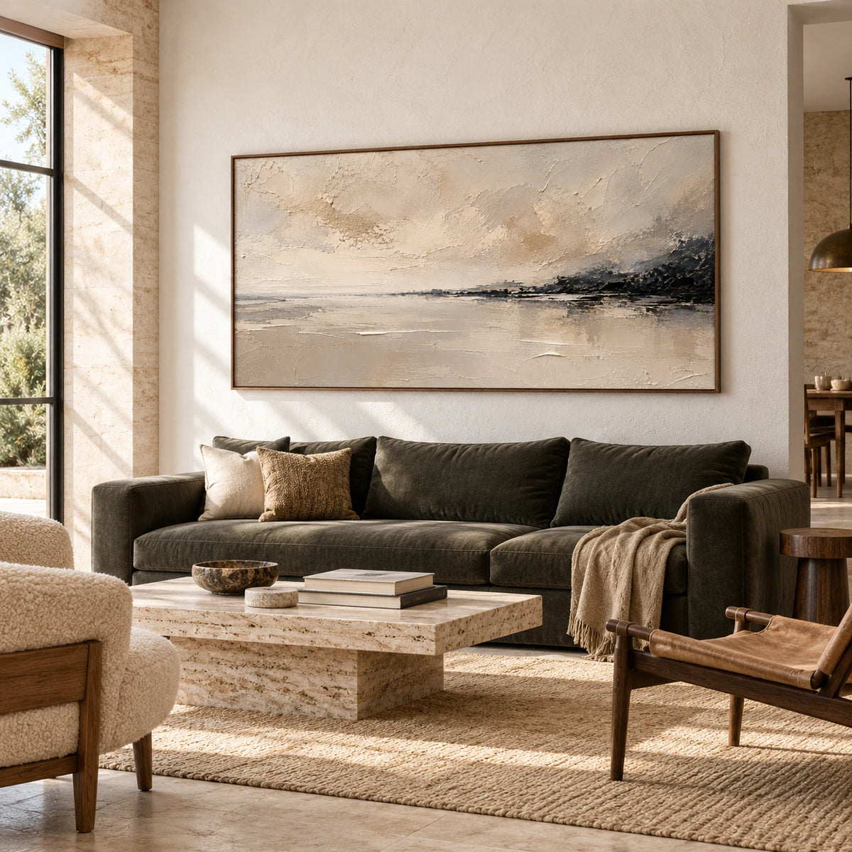 Parchment Reach above a restrained charcoal sofa in a bright living room.