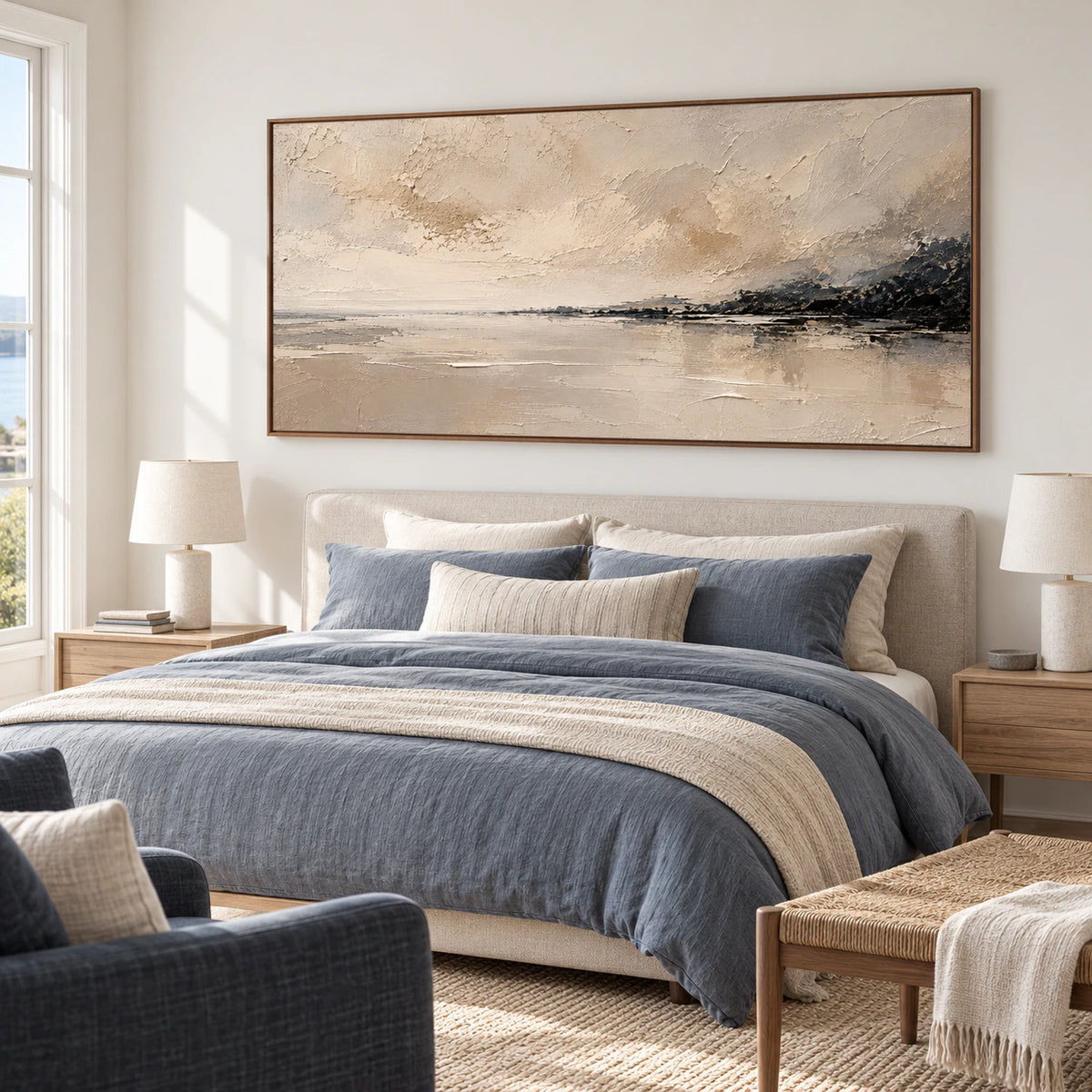 Parchment Reach above a simple upholstered bed in a quiet, daylight-filled bedroom.
