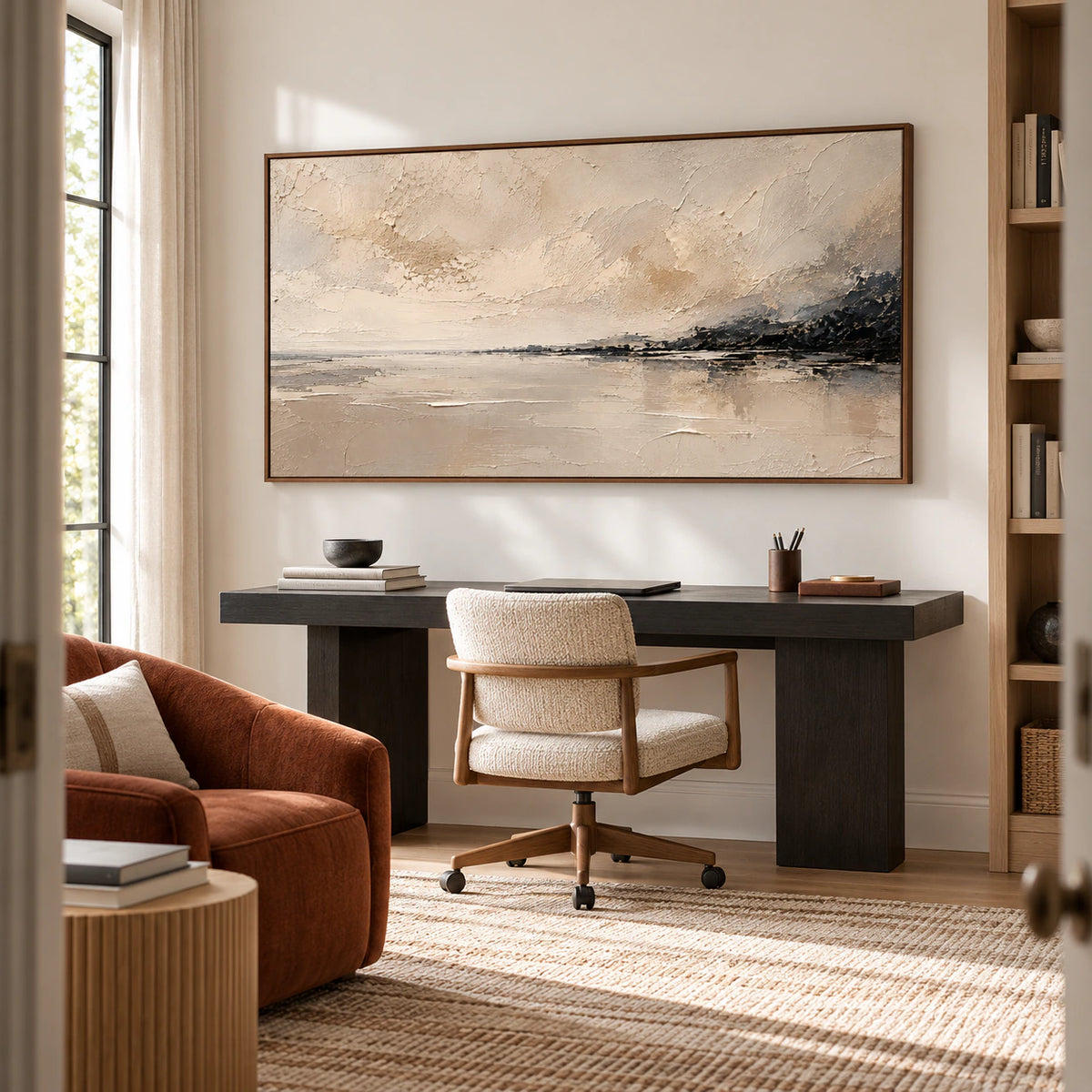 Parchment Reach in an airy home office with a dark desk and open shelves.
