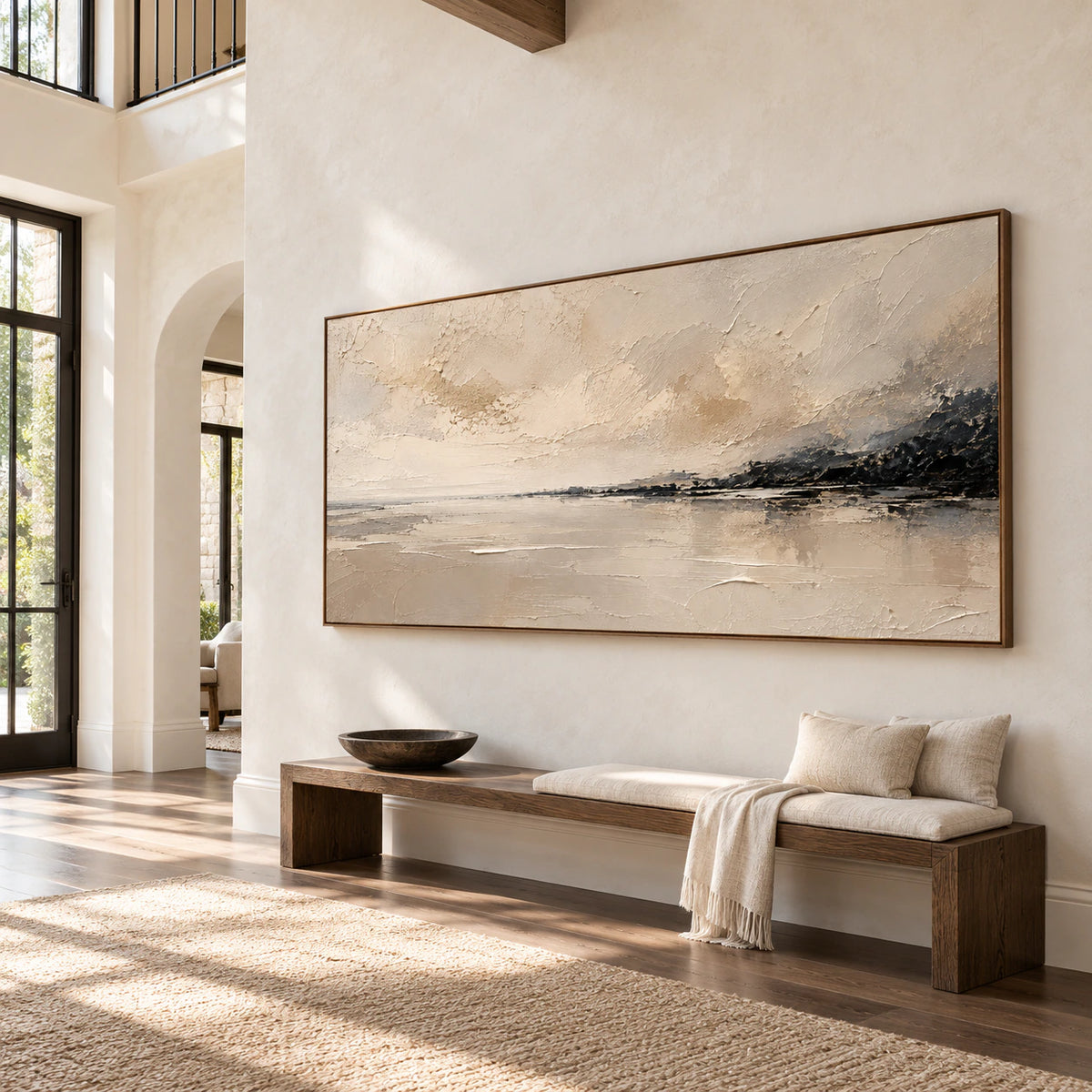 Parchment Reach displayed at gallery scale in a bright architectural foyer.