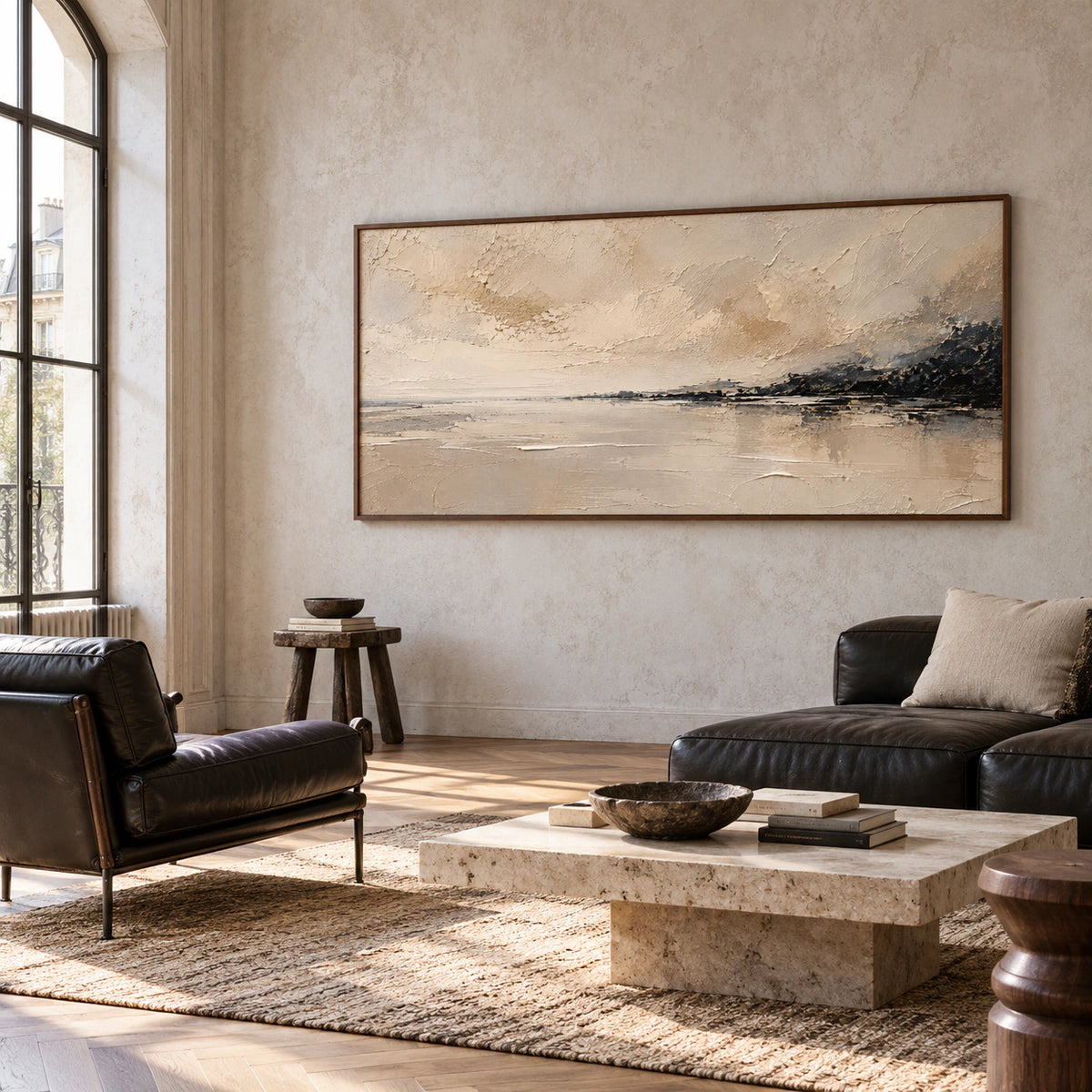 Parchment Reach above a low seating arrangement in an expansive loft interior.