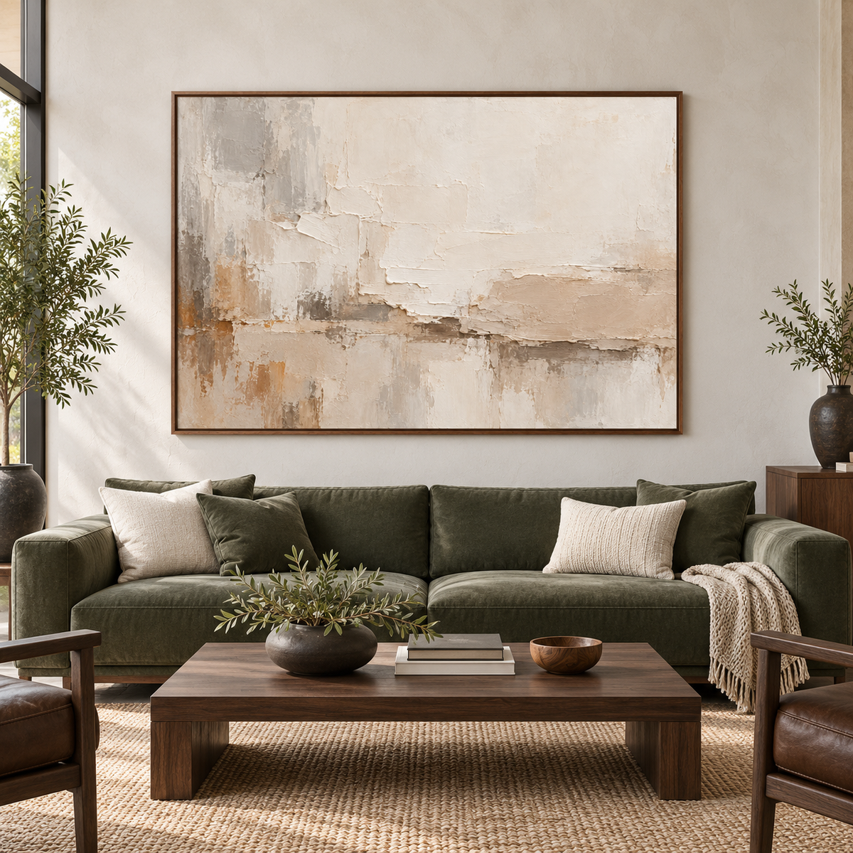 Large horizontal Parchment-Relief artwork centered on a pale wall in a spacious contemporary living room.