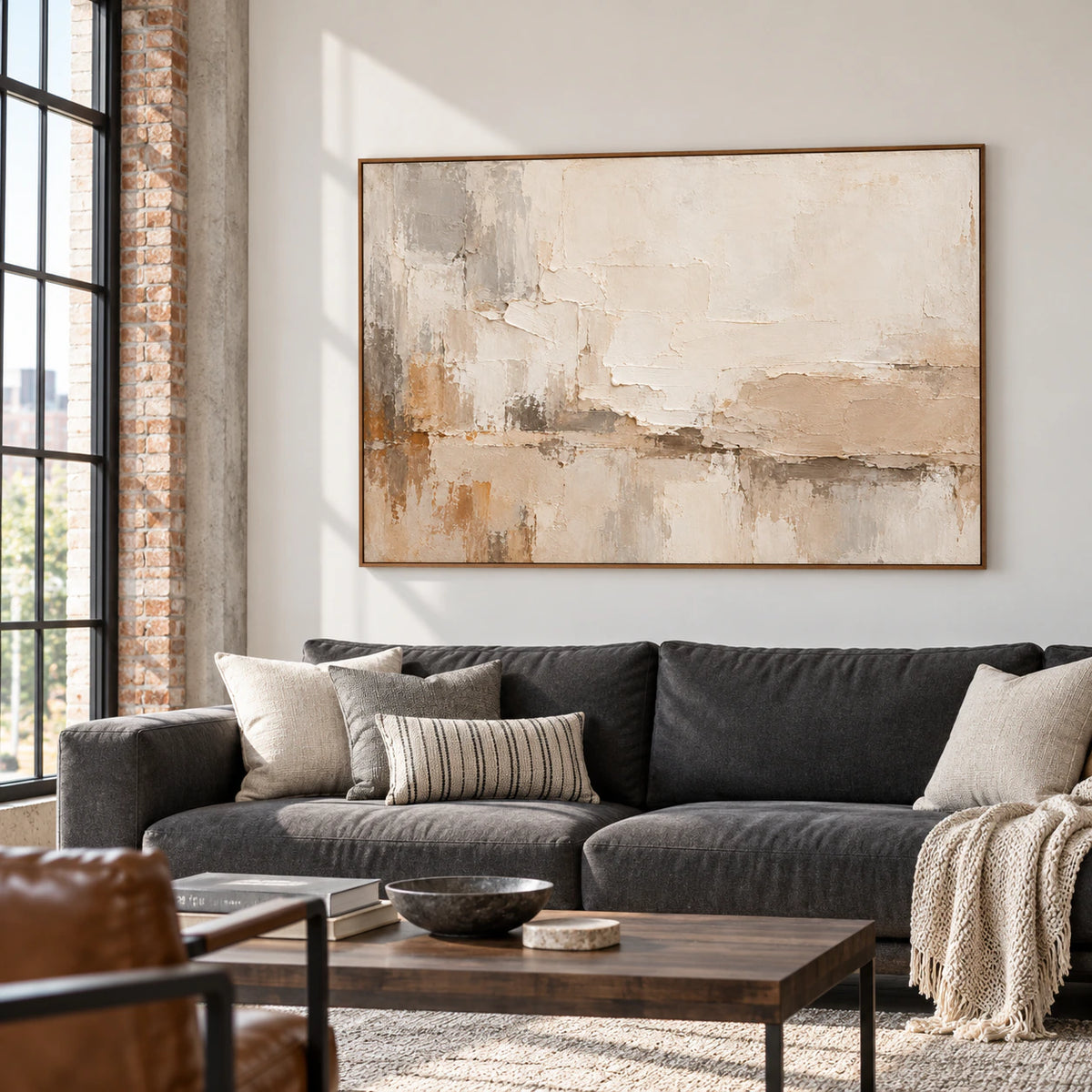 Large horizontal abstract artwork above a charcoal sofa in a bright living room with tall windows and restrained furnishings.