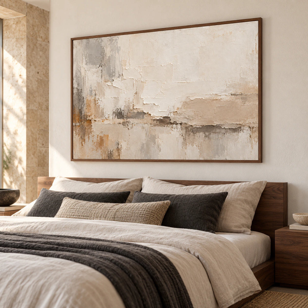 Horizontal artwork above a low walnut bed in a quiet, naturally lit bedroom with pale linen and minimal decor.