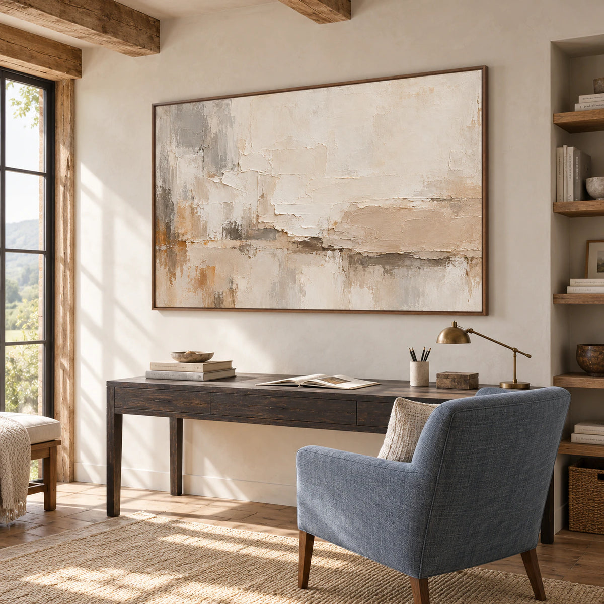 Horizontal abstract artwork anchoring a bright home office reading wall beside a compact desk and a simple lounge chair.