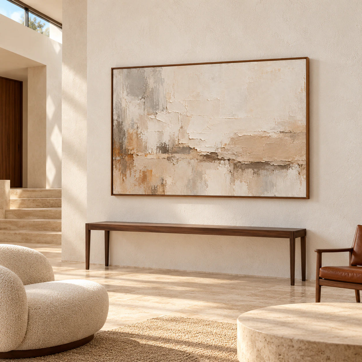 Large horizontal artwork displayed in a high-ceilinged foyer with pale stone walls, open floor space, and daylight from above.