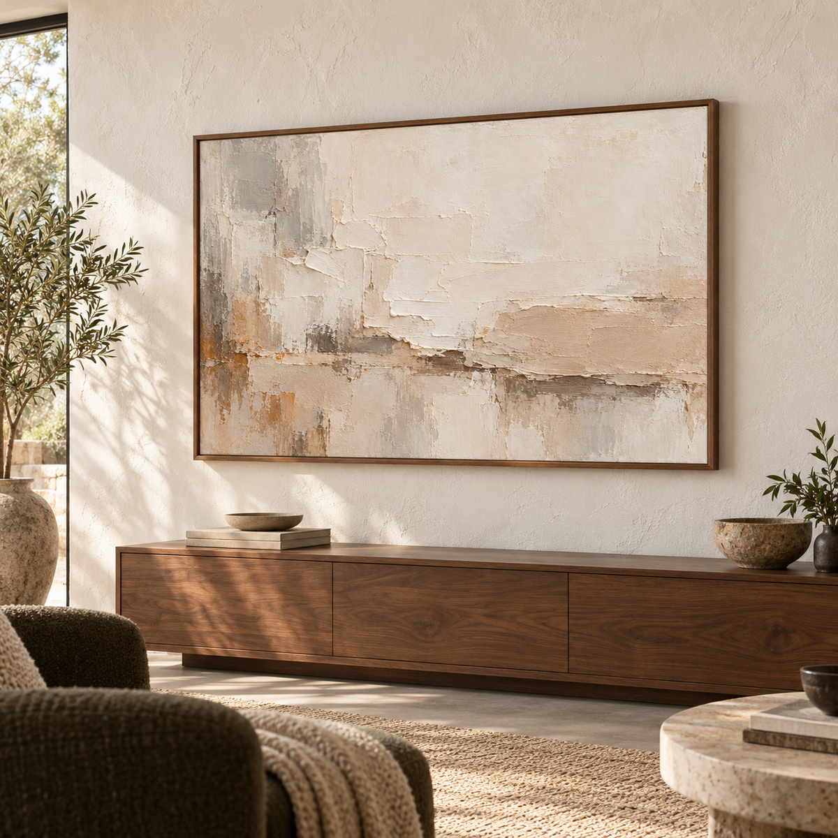 Large horizontal artwork commanding the wall of an airy loft hospitality interior with dark seating, tall windows, and generous open space.