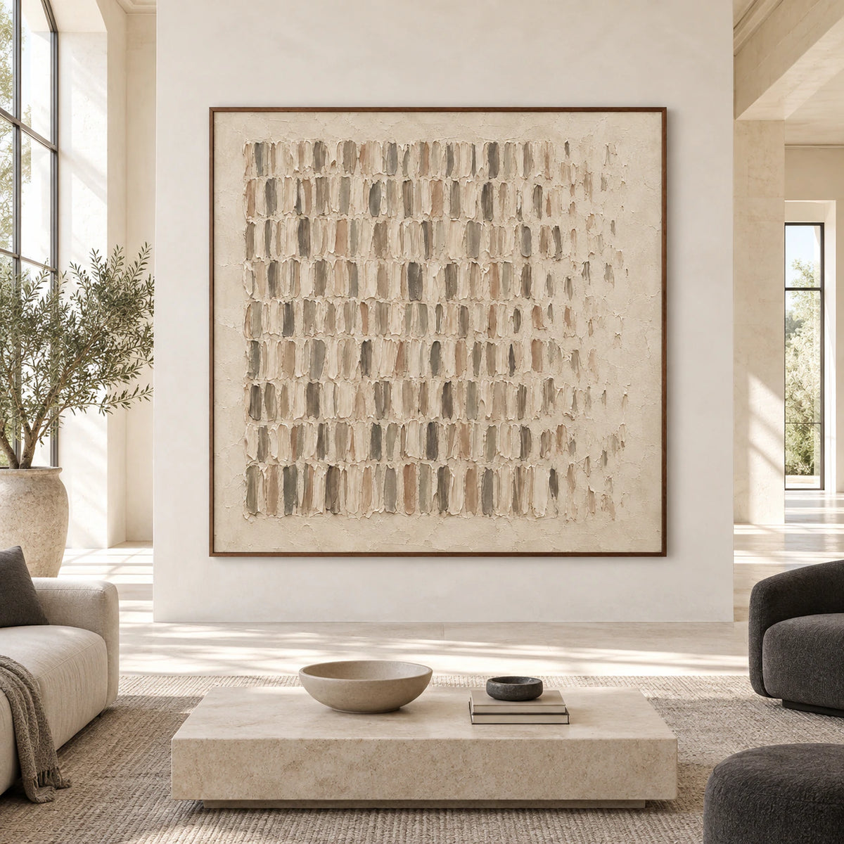 Parchment-Rhythm displayed at large scale straight-on in a spacious sunlit interior.