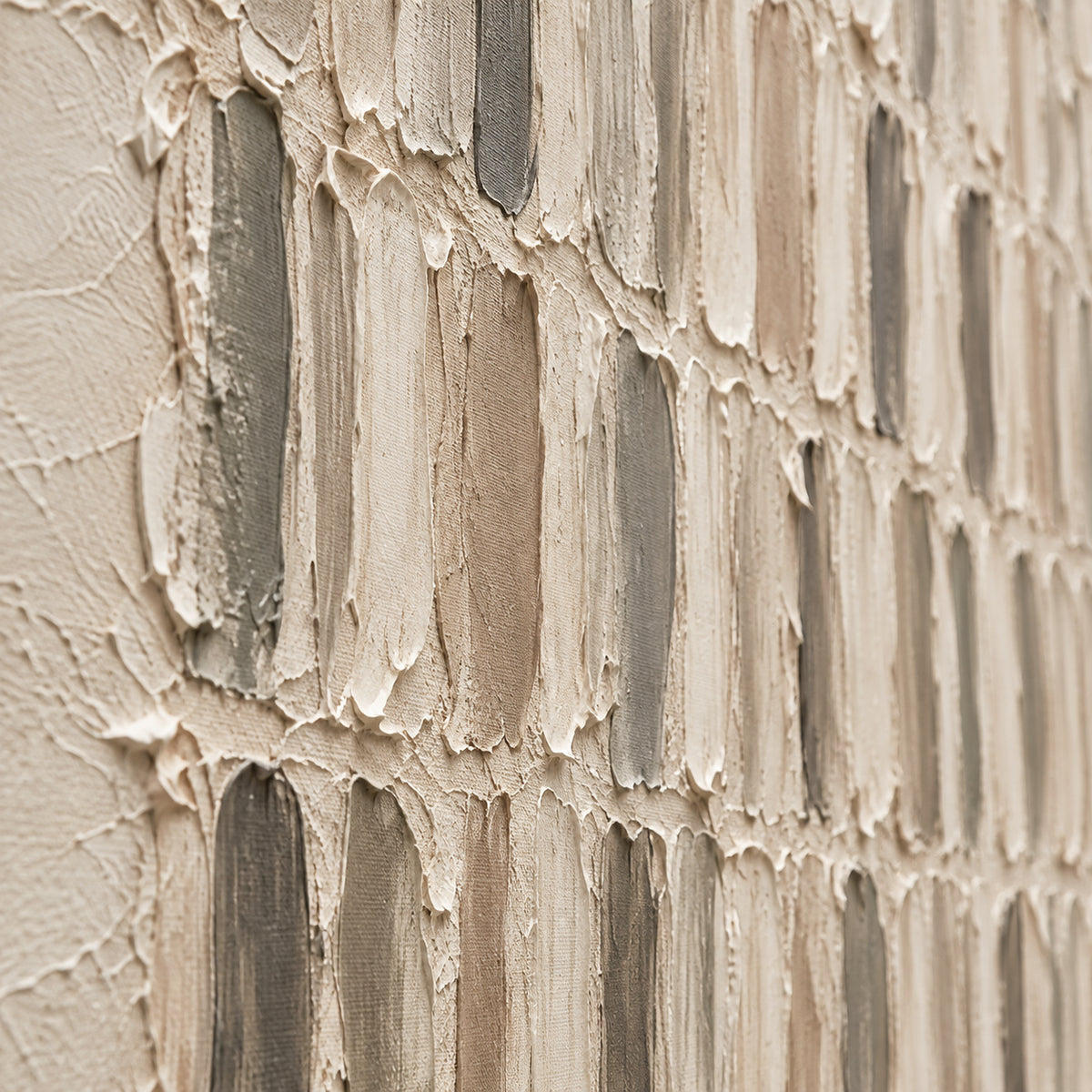 Parchment-Rhythm oil painting brushwork and impasto detail photographed from an oblique side angle