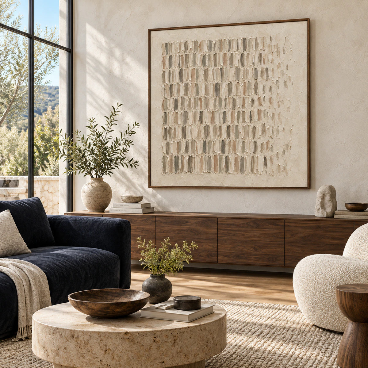 Parchment-Rhythm as the focal artwork in a bright contemporary living room.