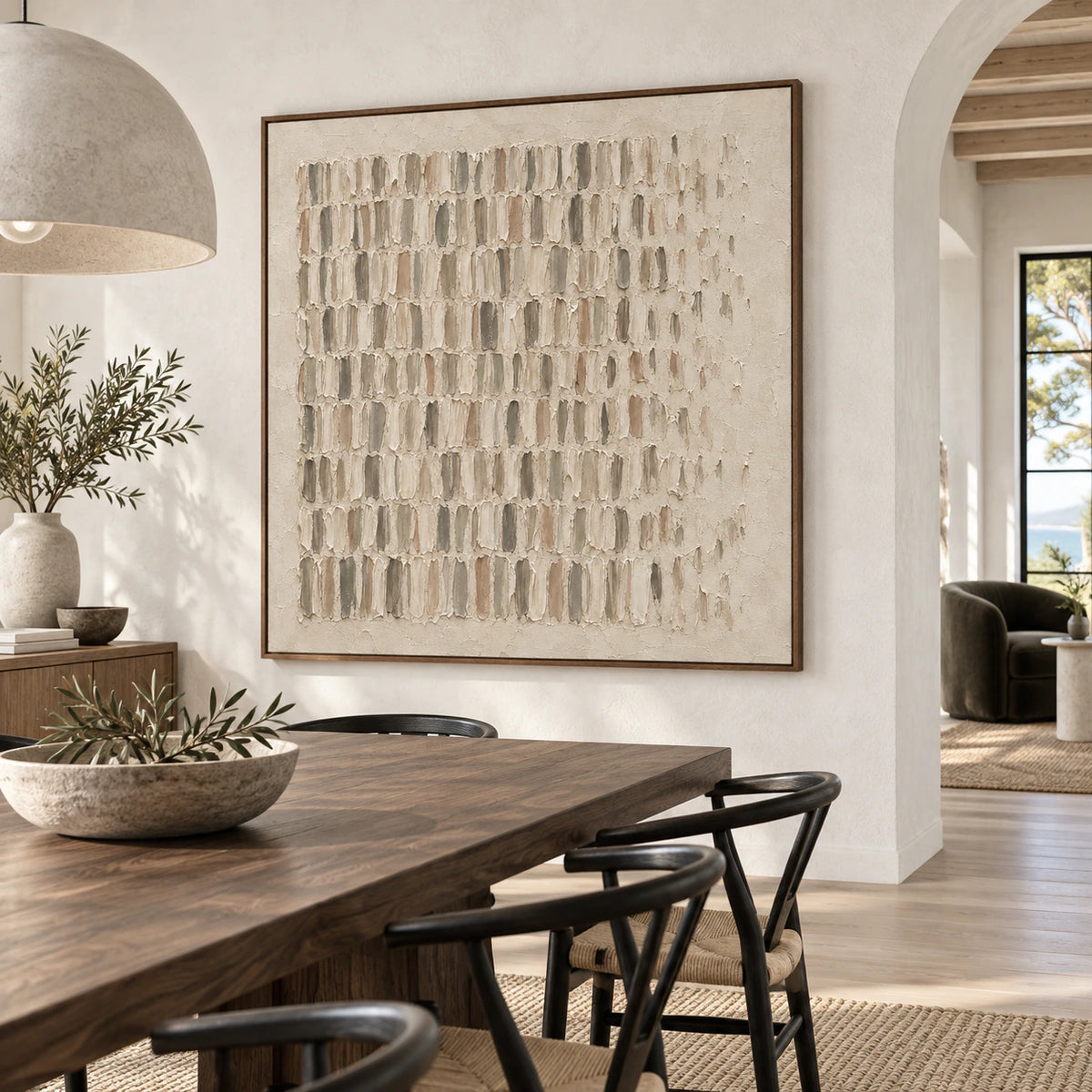 Parchment-Rhythm displayed prominently in a refined daylight-filled dining room.