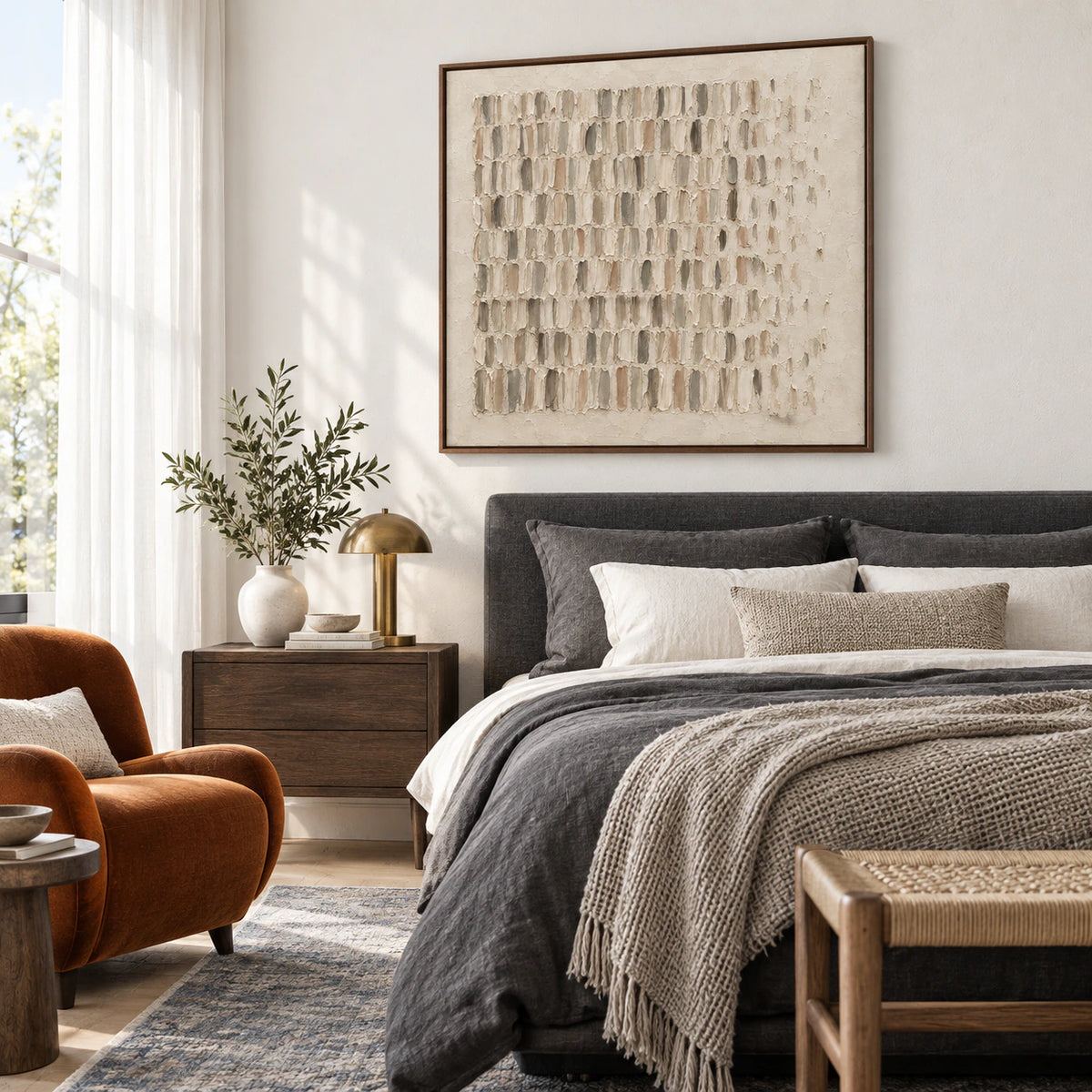 Parchment-Rhythm above a quiet bedroom setting with soft natural light.