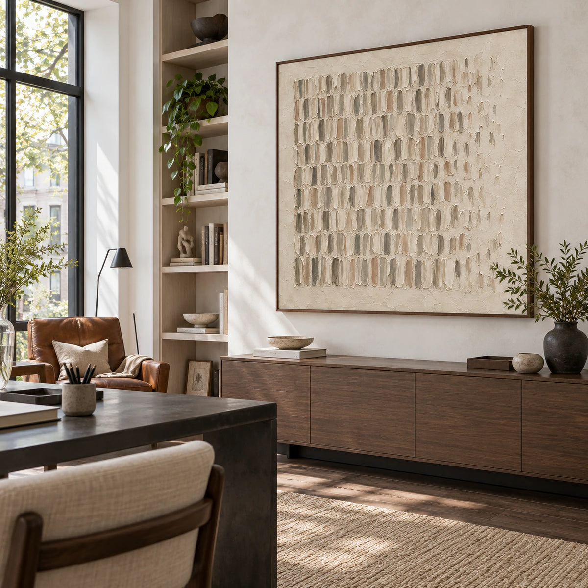 Parchment-Rhythm featured in an airy home office reading space.